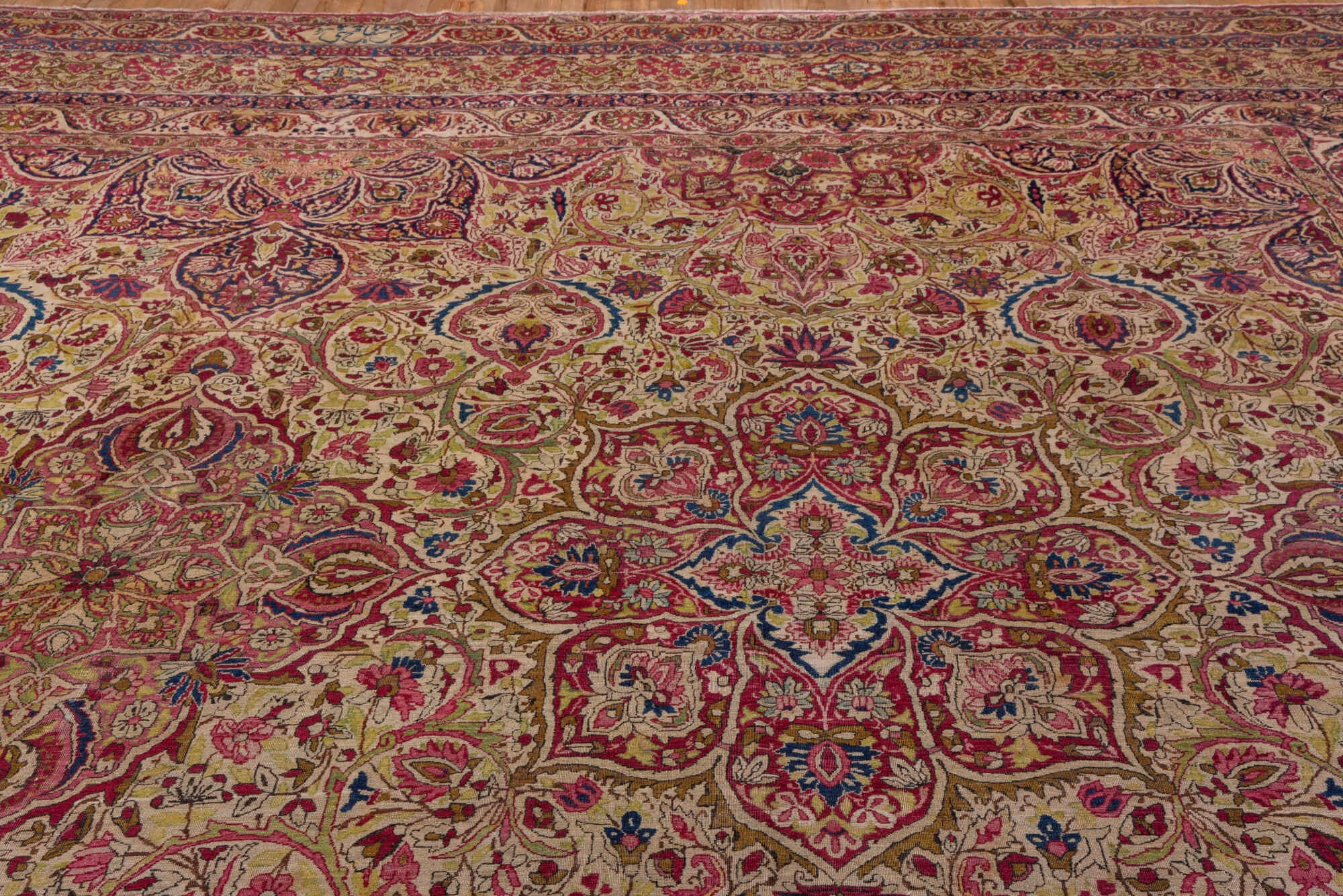 20' x 25' one-of-a-kind handmade vintage Lavar oversize rug. Color palette: blue, brown, gray, off-white, orange, pink, red