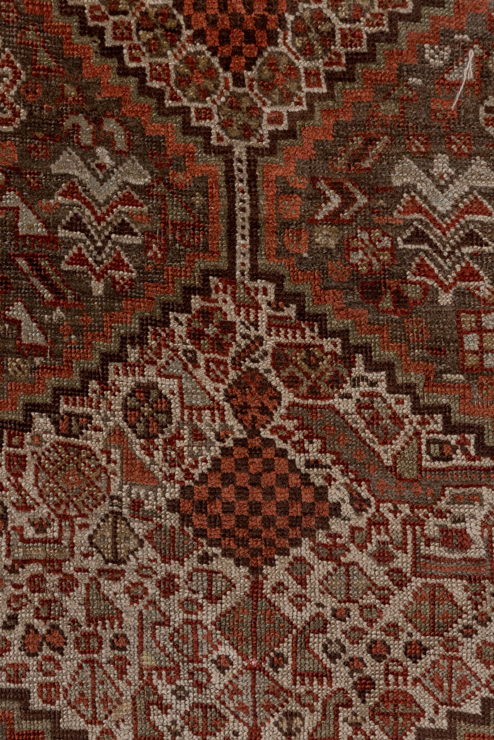 4' x 5' one-of-a-kind handmade vintage Shiraz small size rug. Color palette: gray, pink, brown