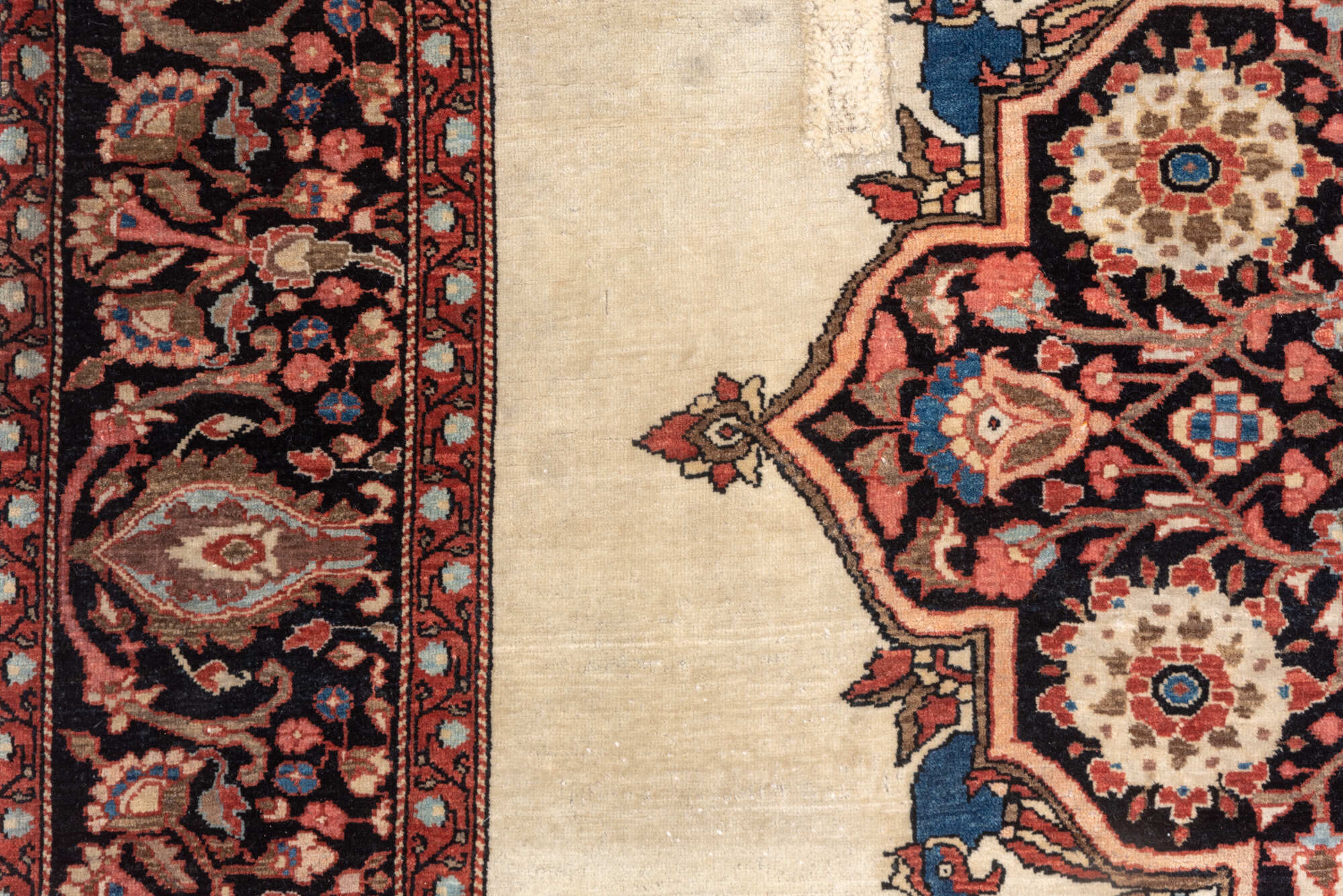 4' x 6' one-of-a-kind handmade vintage Far.Sarouk small size rug. Color palette: brown, gray, blue, black, red, pink, orange