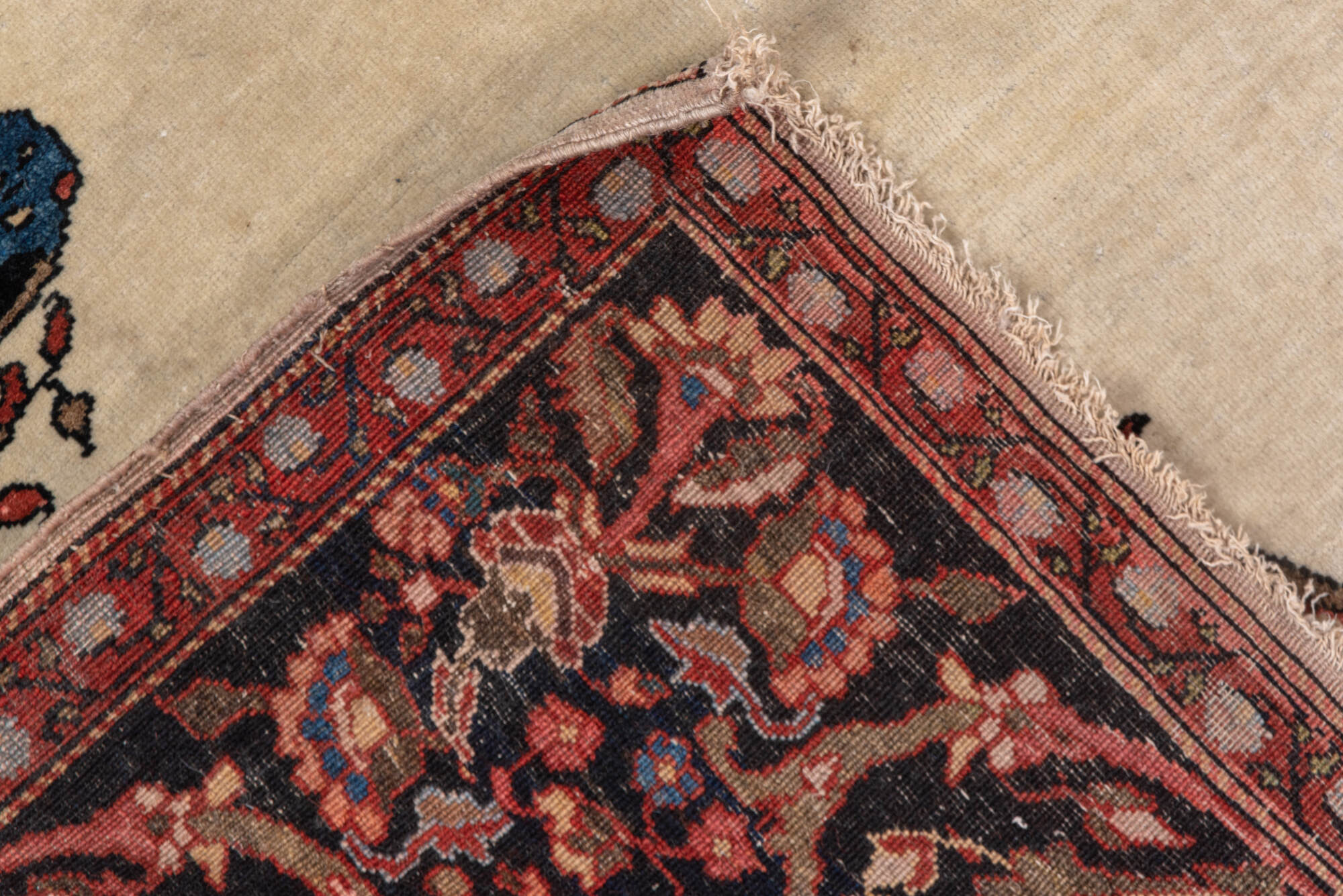 4' x 6' one-of-a-kind handmade vintage Far.Sarouk small size rug. Color palette: brown, gray, blue, black, red, pink, orange