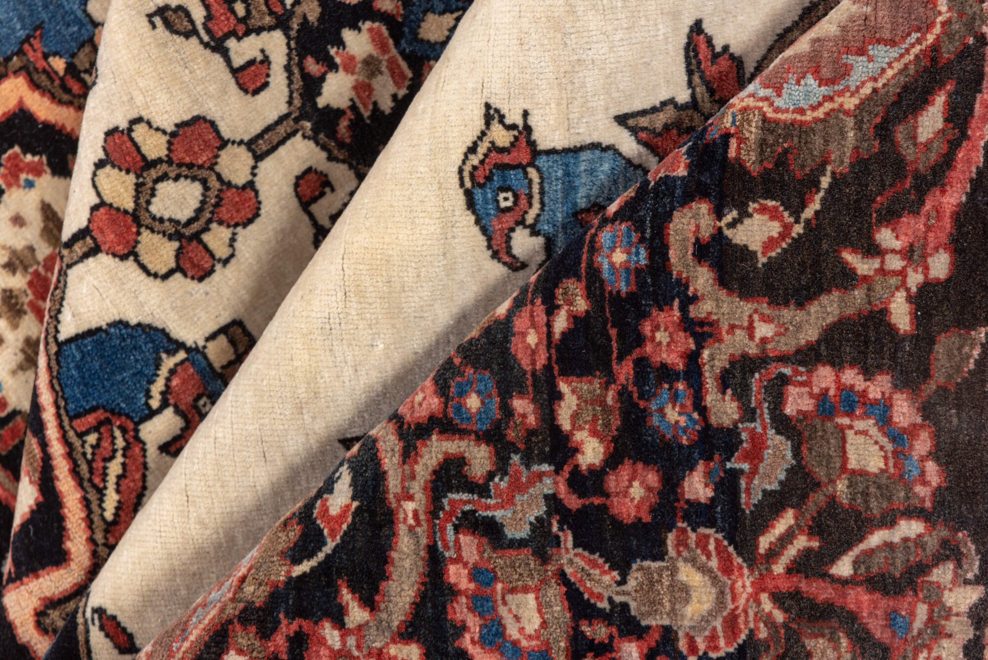 4' x 6' one-of-a-kind handmade vintage Far.Sarouk small size rug. Color palette: brown, gray, blue, black, red, pink, orange