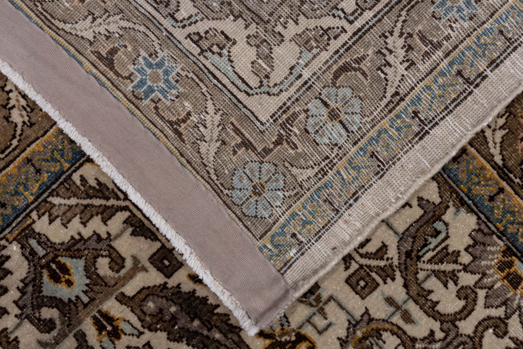 7' x 11' one-of-a-kind handmade vintage Tabriz large size rug. Color palette: brown, gray, pink