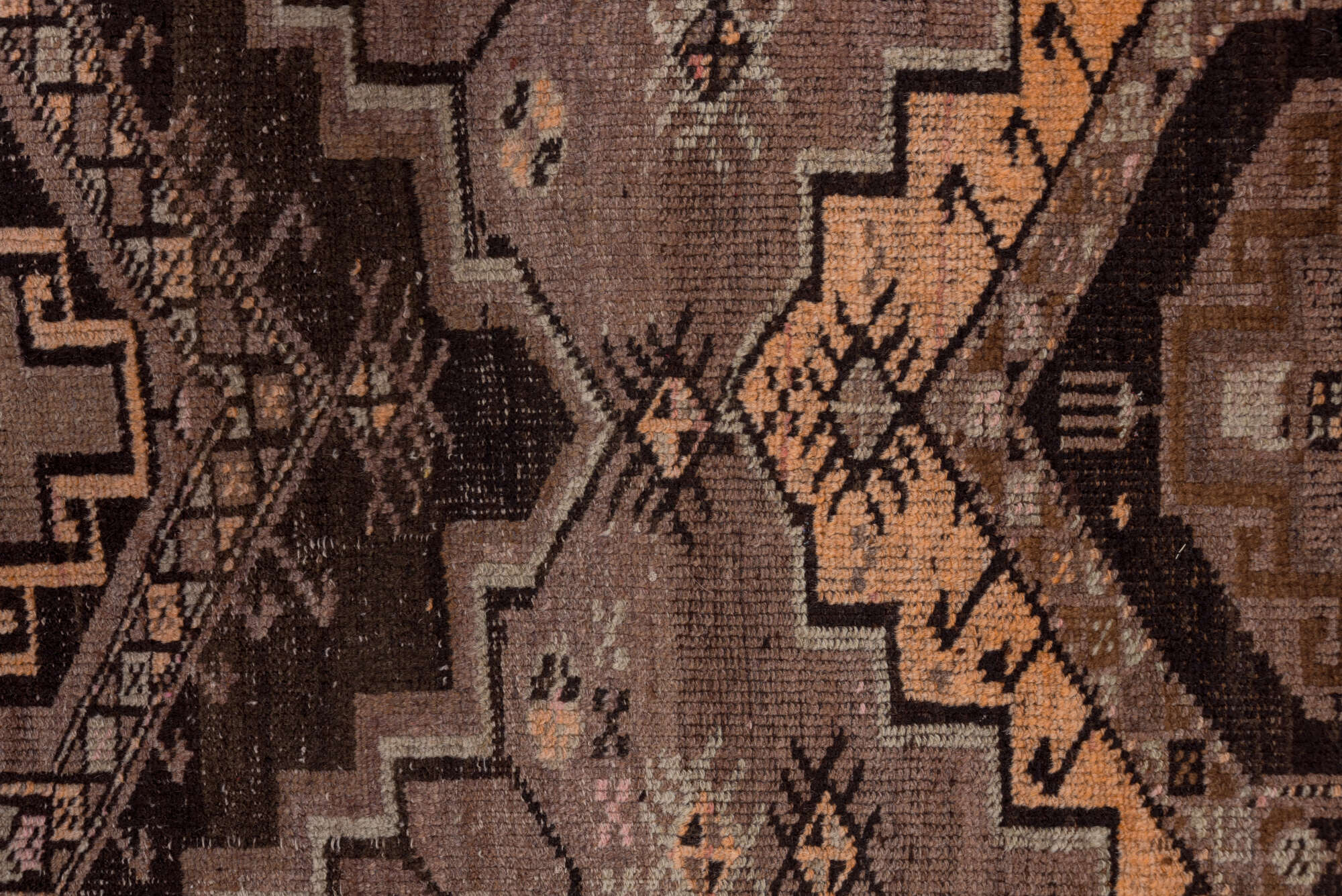2' x 14' one-of-a-kind handmade vintage Kars runner rug. Color palette: brown, gray, pink, redwood