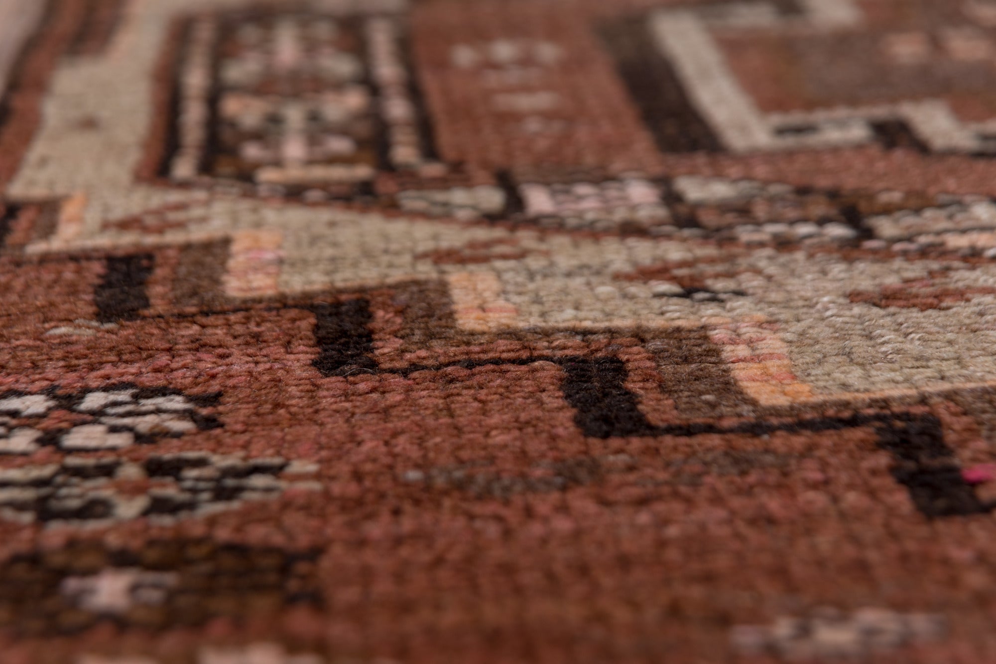 2' x 14' one-of-a-kind handmade vintage Kars runner rug. Color palette: brown, gray, pink, redwood