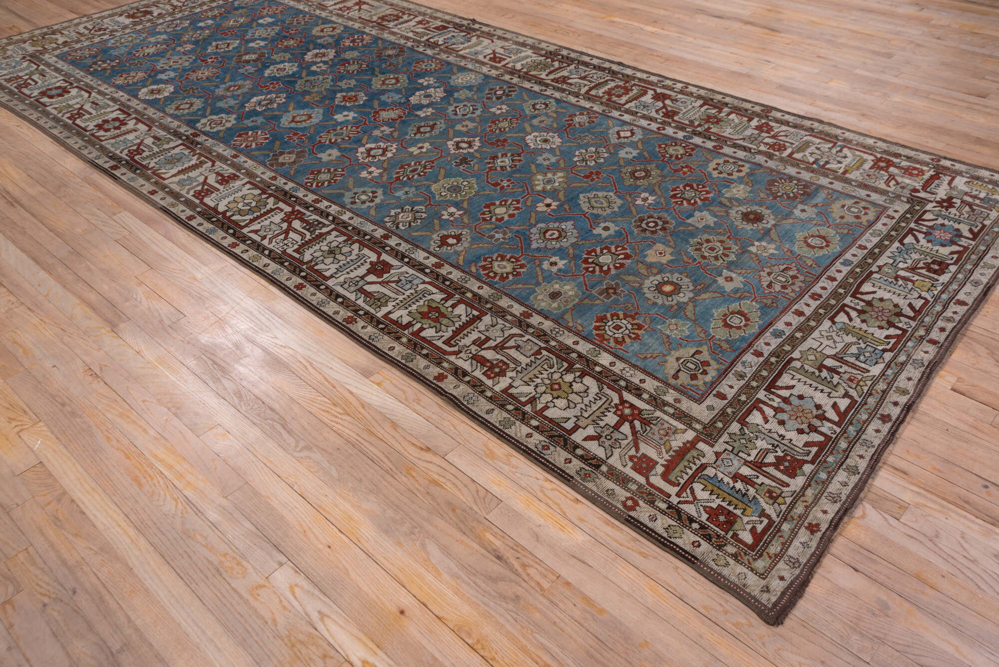 6' x 14' one-of-a-kind handmade vintage Karabagh large size rug. Color palette: black, blue, brown, charcoal, dim gray, gray
