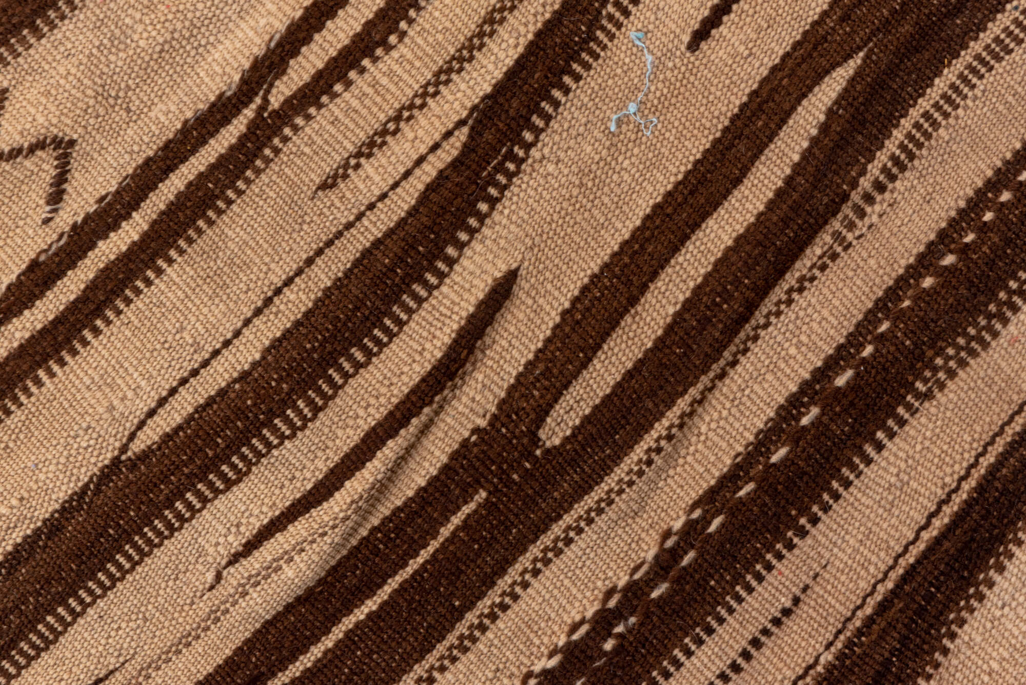 4' x 9' one-of-a-kind handmade vintage Kilim runner rug. Color palette: brown, light gray, off-white, pink, snow, white