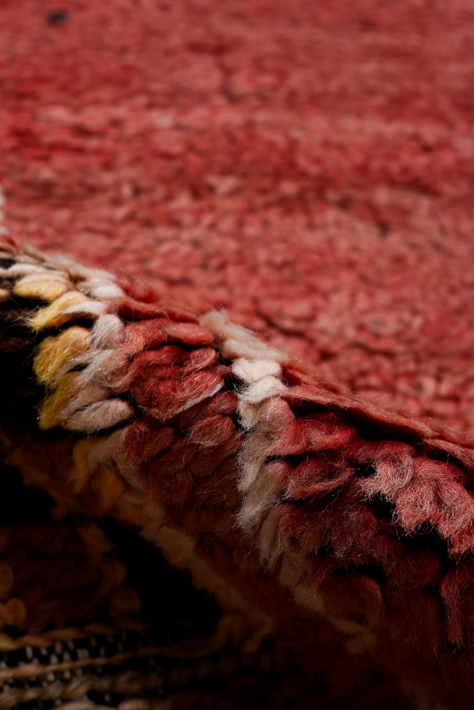 6' x 7' one-of-a-kind handmade vintage Moroccan rug. Color palette: red, pink, black, gray, light gray, brown