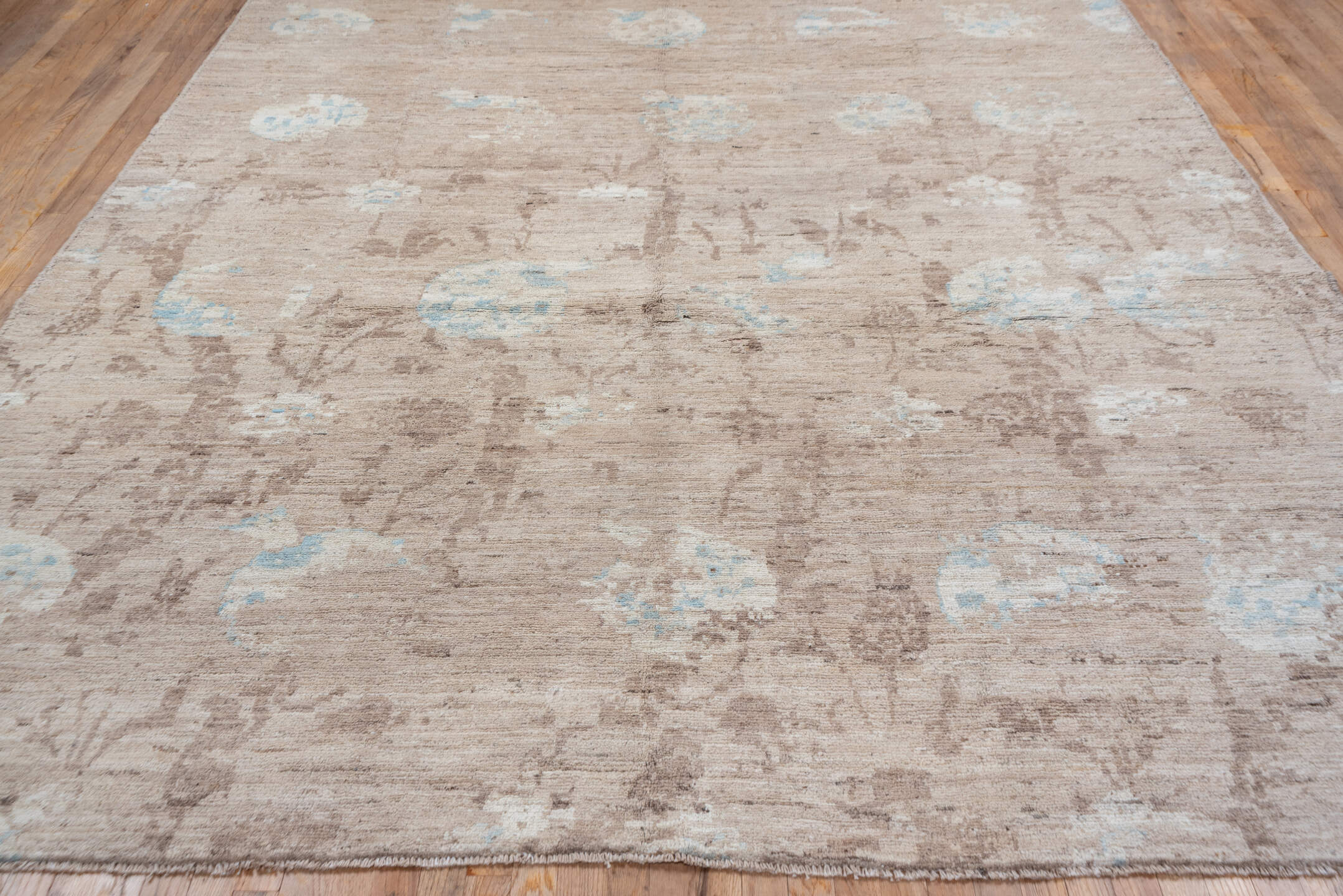 8' x 12' one-of-a-kind handmade vintage  large size rug. Color palette: pink, gray, light gray, off-white, gainsboro, linen