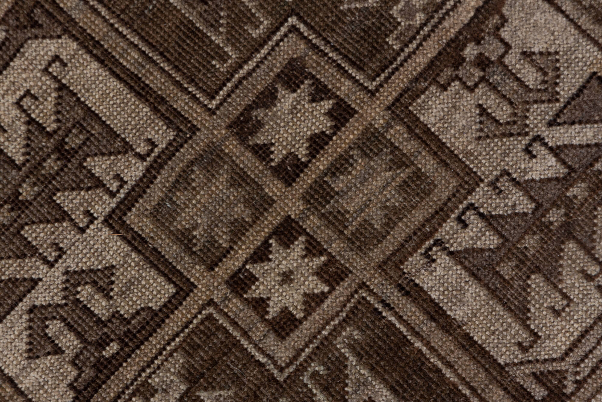 7' x 9' one-of-a-kind handmade vintage Afghan rug. Color palette: brown, gray, off-white, pink, snow, white, whitesmoke