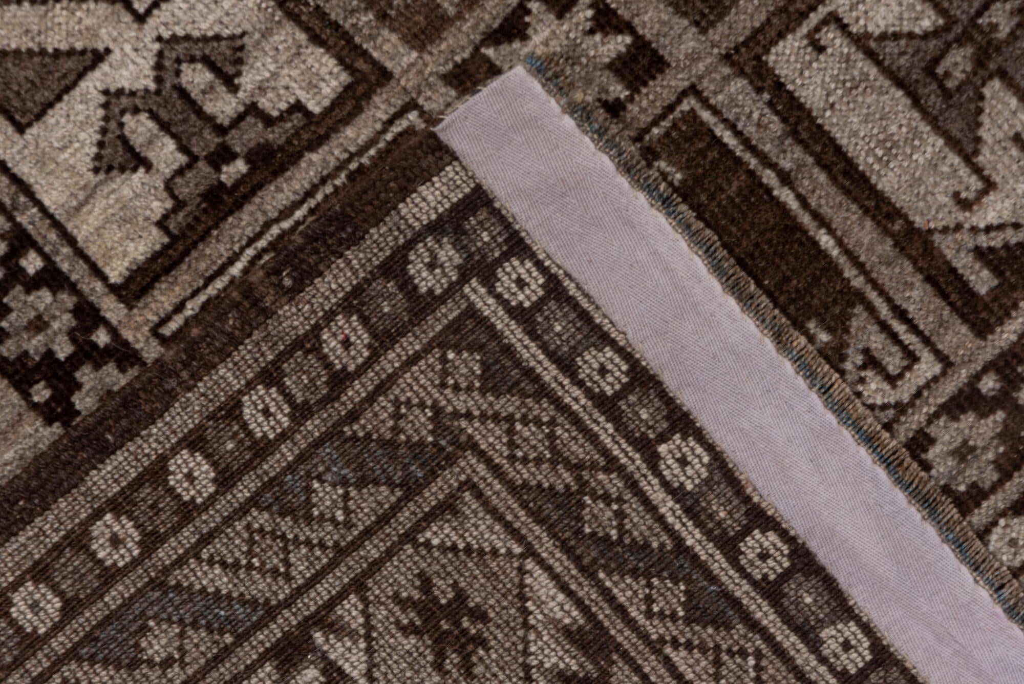 7' x 9' one-of-a-kind handmade vintage Afghan rug. Color palette: brown, gray, off-white, pink, snow, white, whitesmoke