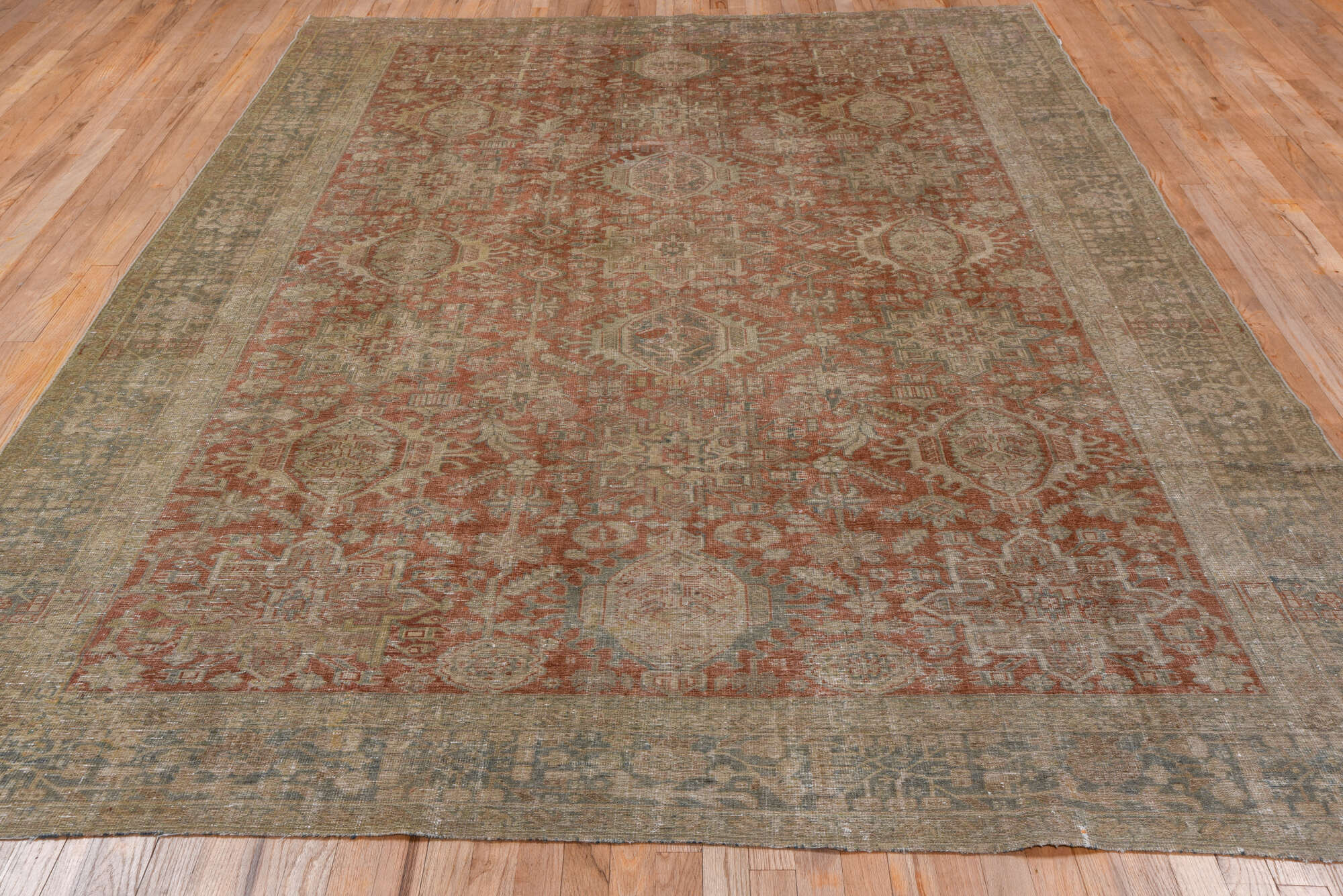 7' x 10' one-of-a-kind handmade vintage Karaje large size rug. Color palette: brown, pink, gray, light gray