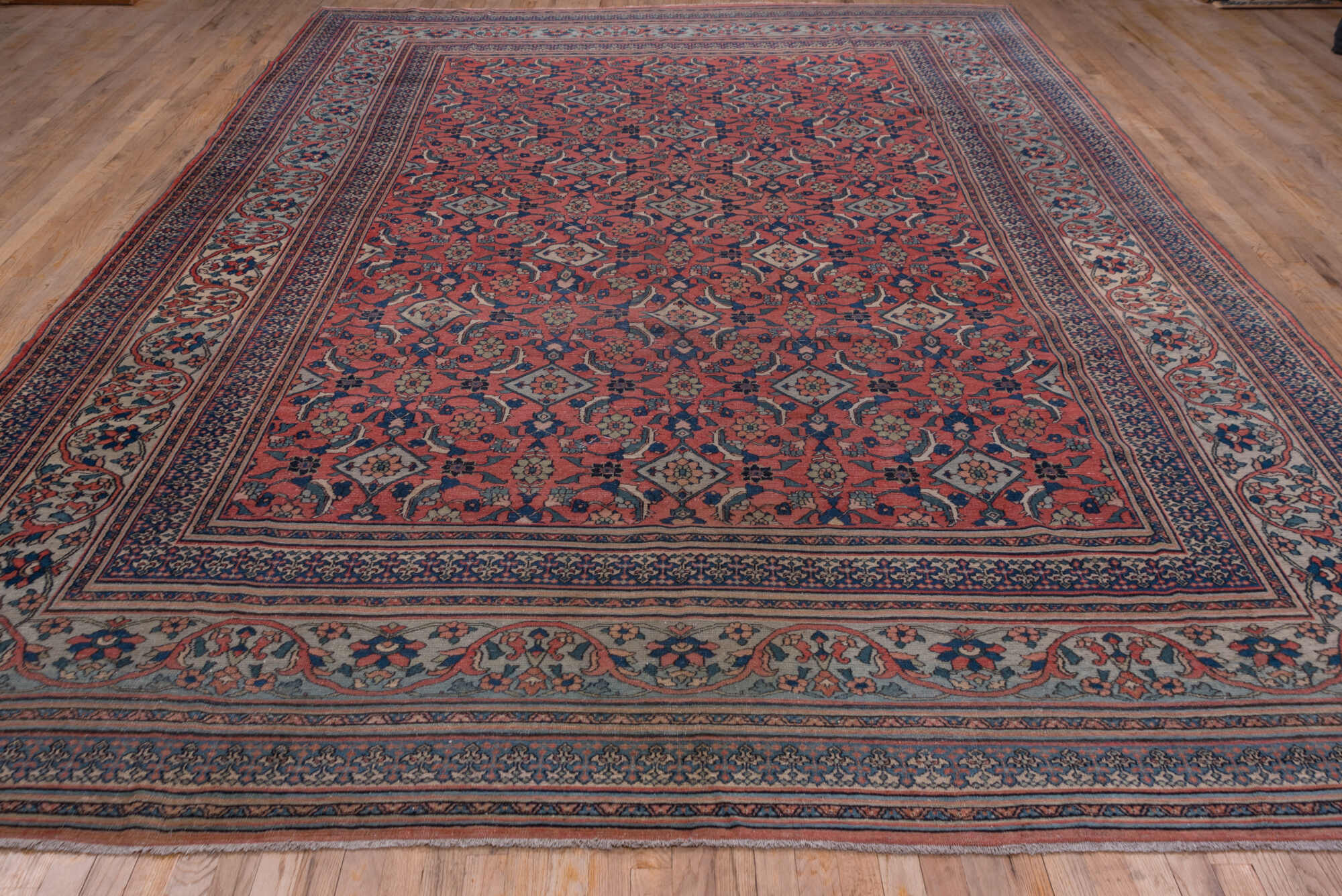 10' x 14' one-of-a-kind handmade vintage Khorassan large size rug. Color palette: blue, brown, dark gray, dim gray, fiord