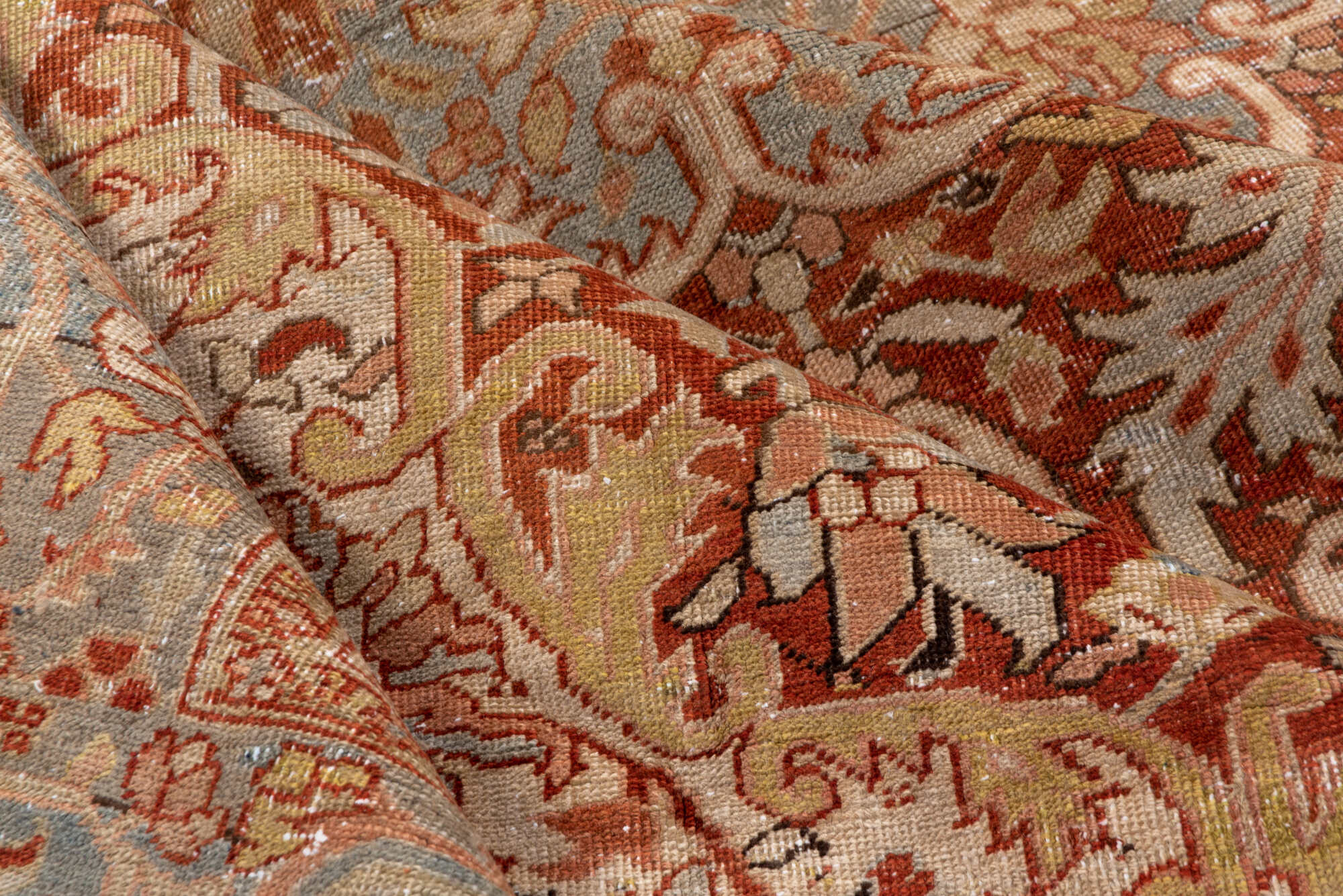 7' x 11' one-of-a-kind handmade vintage Heriz large size rug. Color palette: brown, gray, light gray, off-white, orange