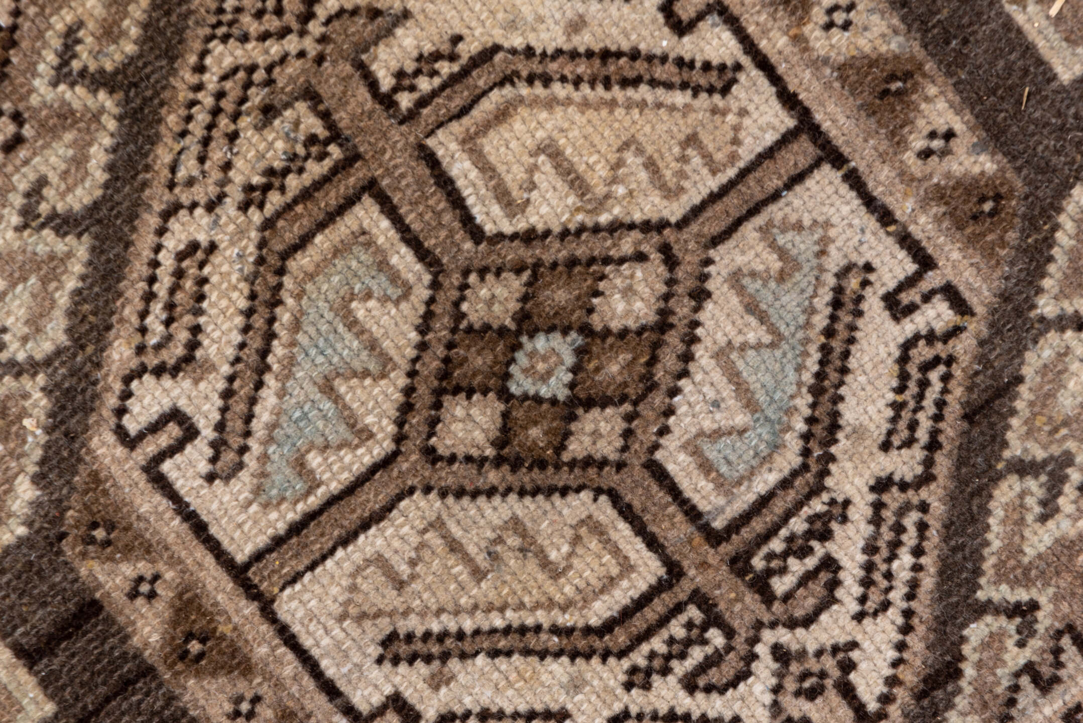 8' x 11' one-of-a-kind handmade vintage Karaje large size rug. Color palette: brown, gray, light gray, pink, dark gray