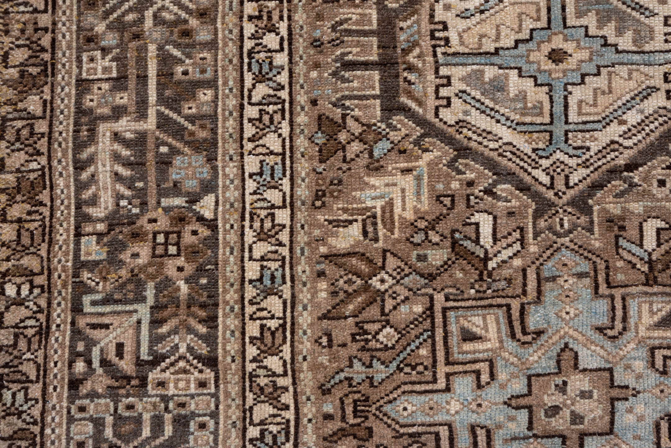 8' x 11' one-of-a-kind handmade vintage Karaje large size rug. Color palette: brown, gray, light gray, pink, dark gray