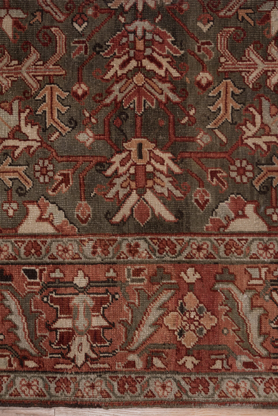 8' x 11' one-of-a-kind handmade vintage Heriz large size rug. Color palette: gray, pink, light gray, off-white, brown