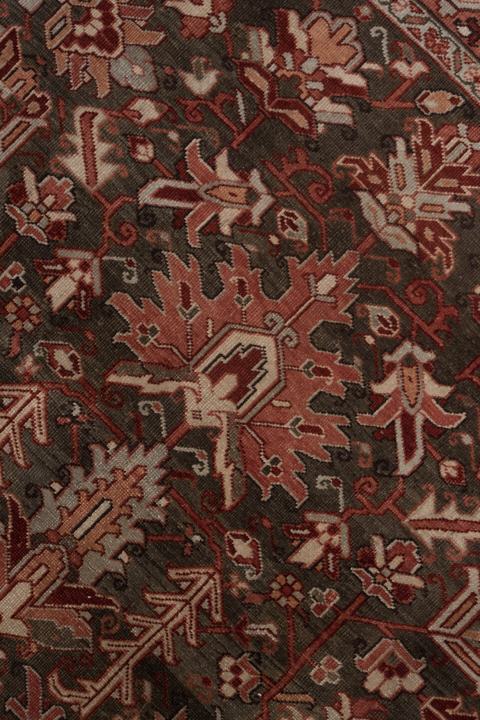 8' x 11' one-of-a-kind handmade vintage Heriz large size rug. Color palette: gray, pink, light gray, off-white, brown