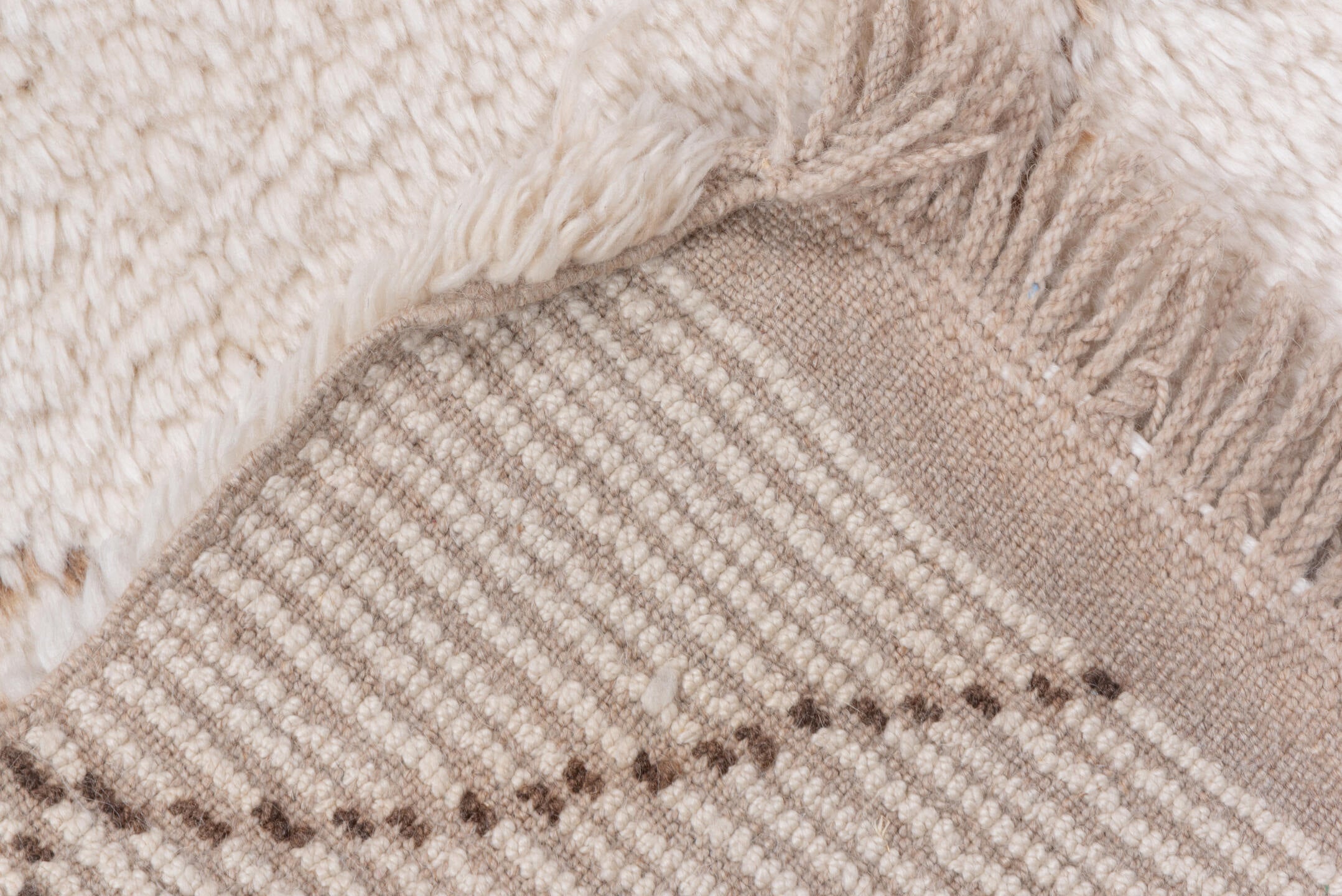 5' x 7' one-of-a-kind handmade vintage Moroccan rug. Color palette: light gray, pink, off-white, gray, brown, lavender blush