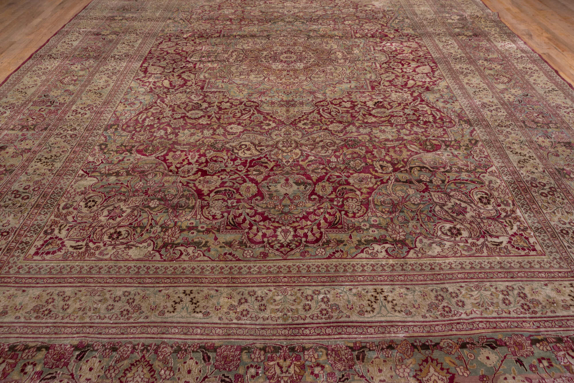 12' x 19' one-of-a-kind handmade vintage Khorassan oversize rug. Color palette: brown, gray, pink, red, redwood, wine