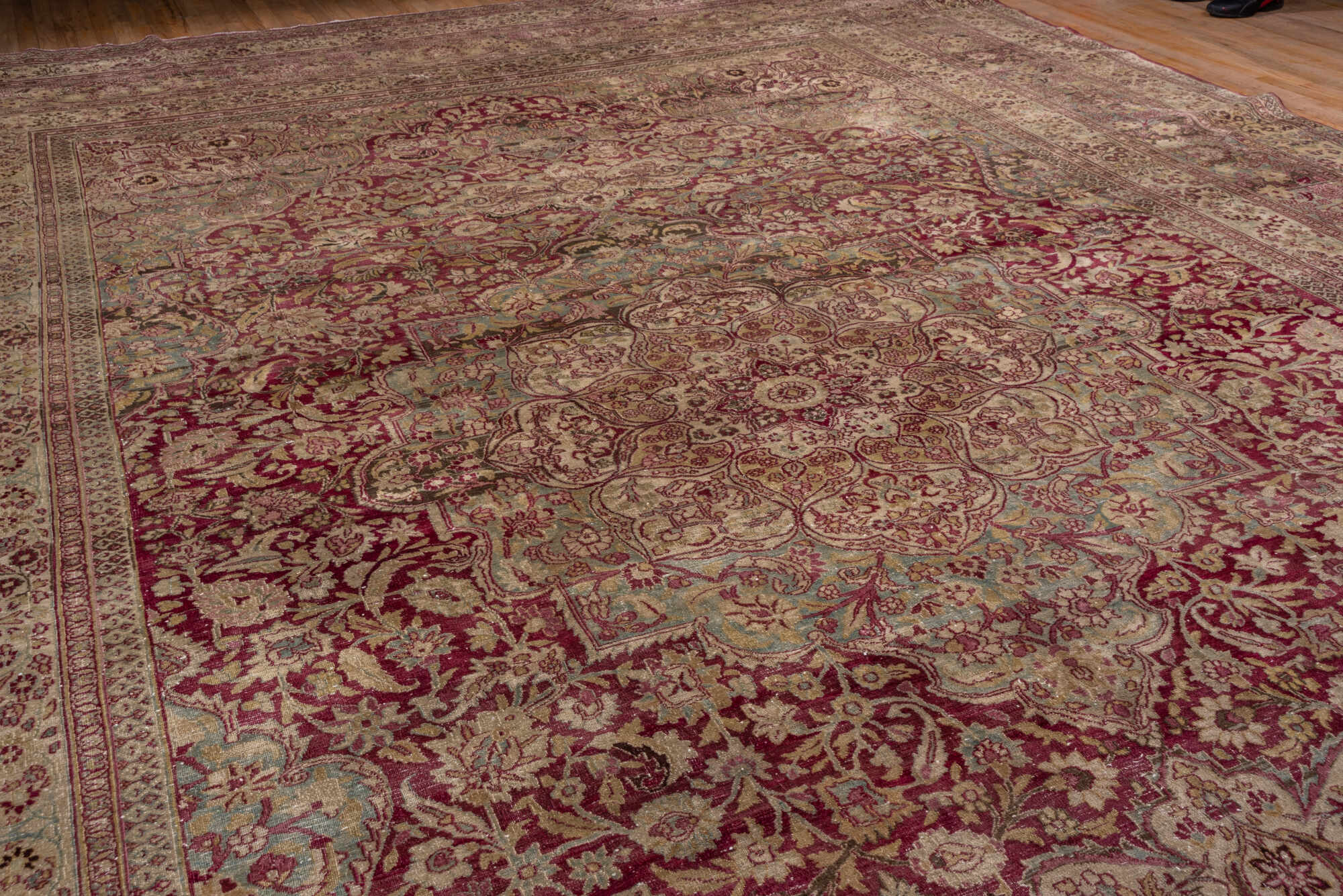 12' x 19' one-of-a-kind handmade vintage Khorassan oversize rug. Color palette: brown, gray, pink, red, redwood, wine