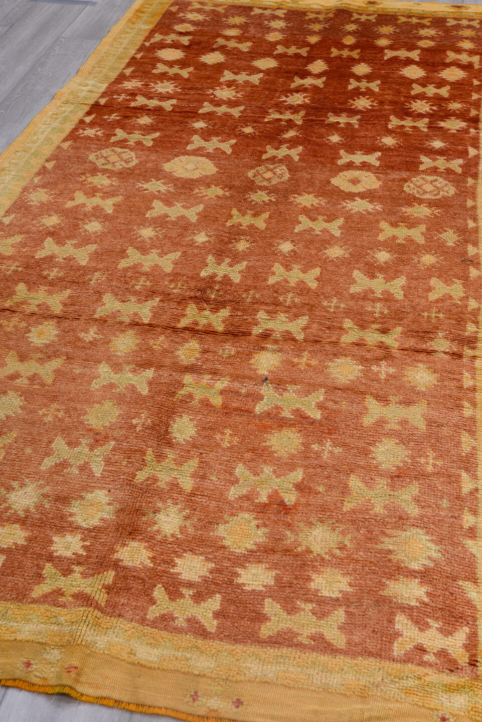 4' x 10' one-of-a-kind handmade vintage Moroccan runner rug. Color palette: brown, orange, red, off-white, tan, sienna