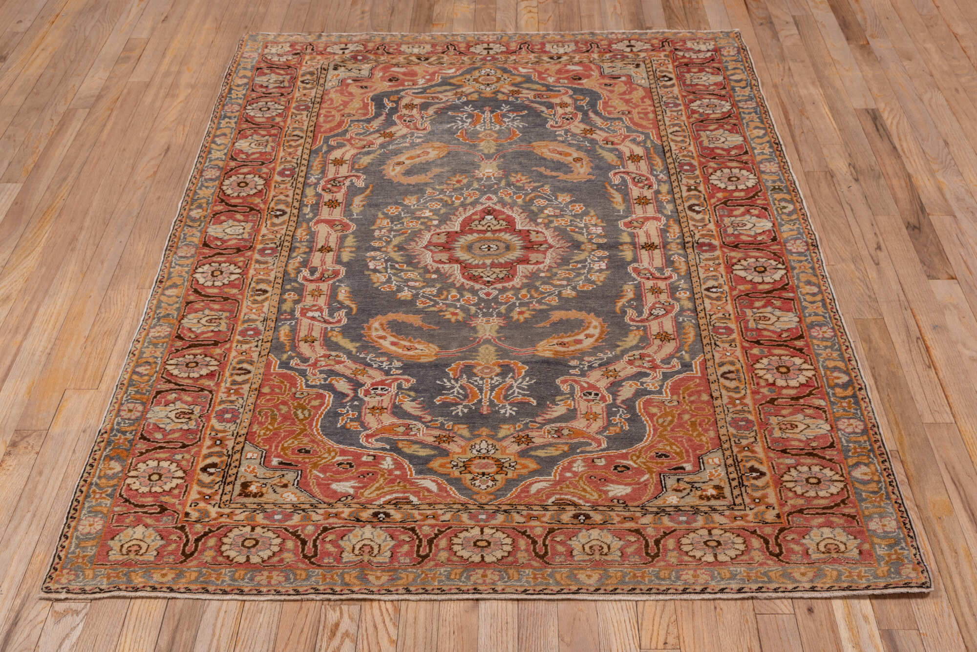 4' x 6' one-of-a-kind handmade vintage Kaisary small size rug. Color palette: brown, gray, light gray, off-white, pink, red