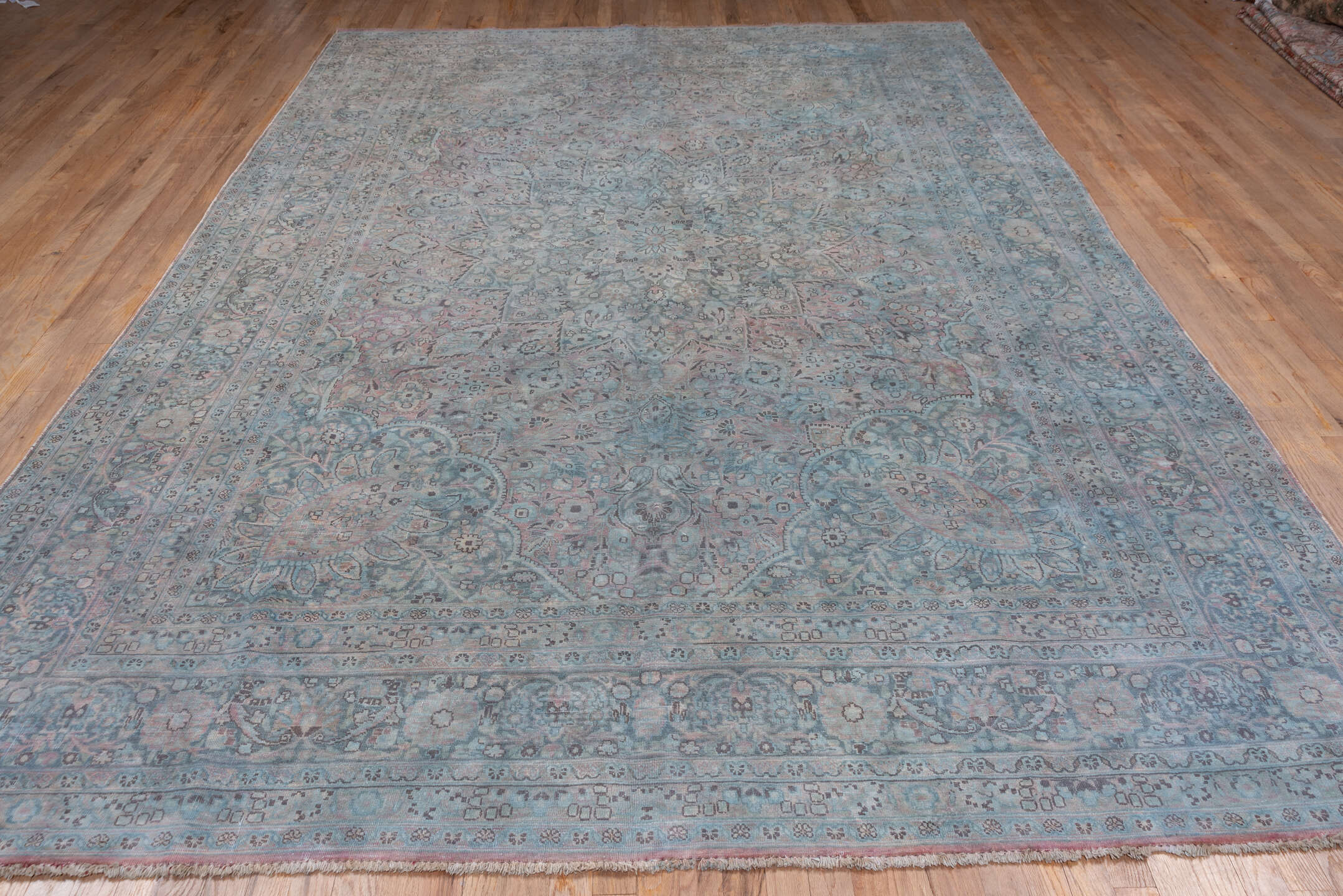 8' x 11' one-of-a-kind handmade vintage Khorassan large size rug. Color palette: gray, light gray, blue, light blue