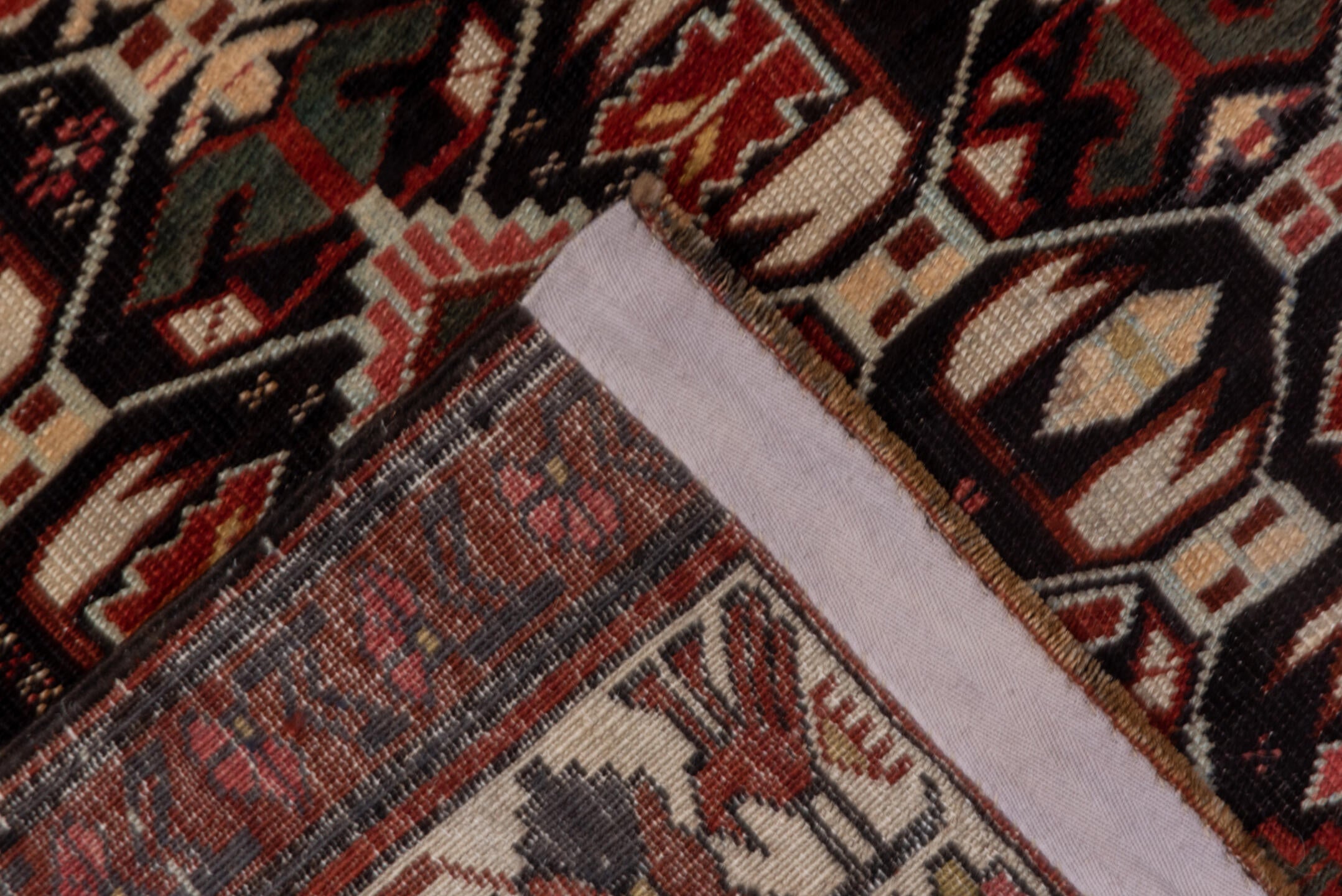 4' x 7' one-of-a-kind handmade vintage Kuba rug. Color palette: brown, pink, gray, red, black