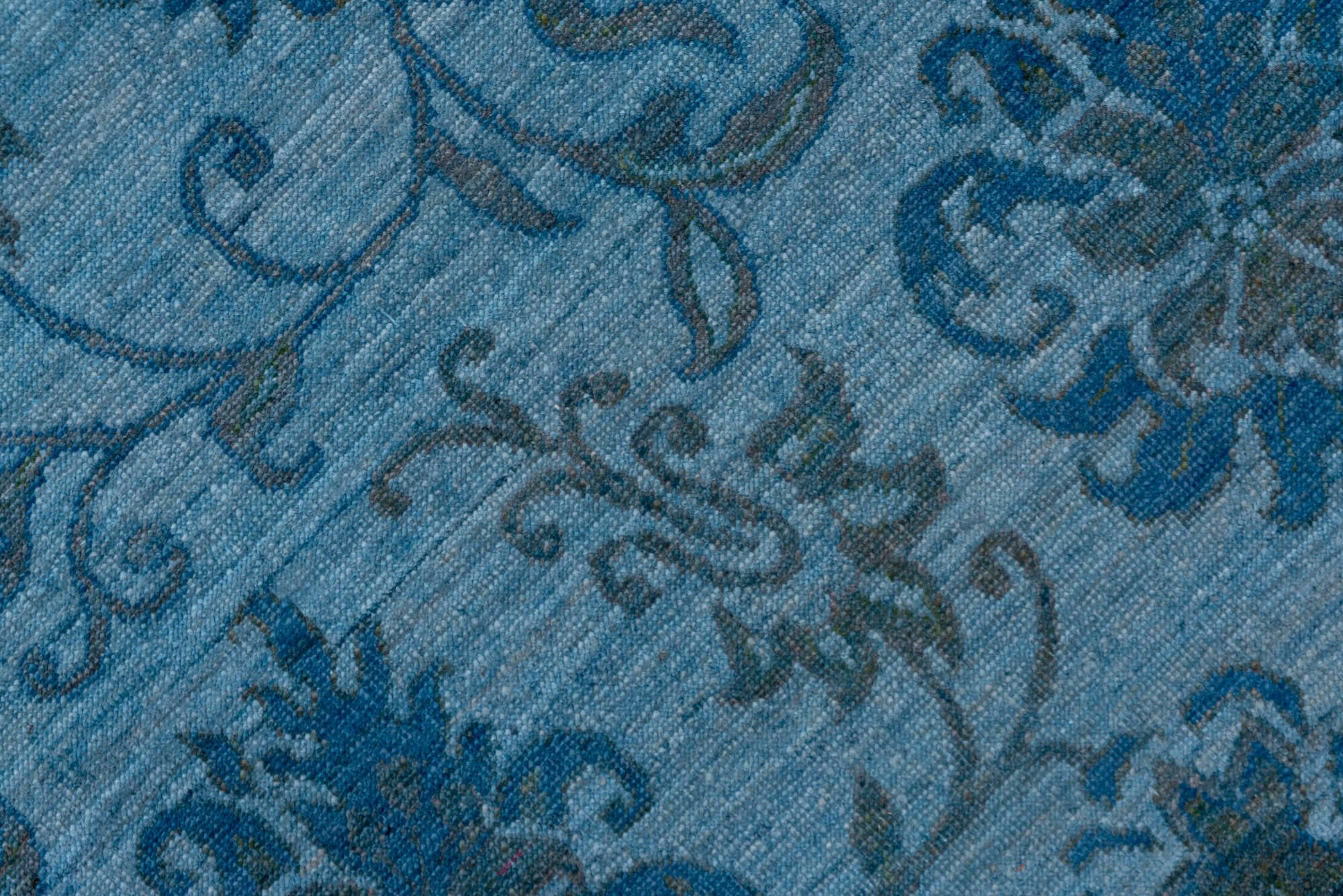 4' x 5' one-of-a-kind handmade vintage Overdyed small size rug. Color palette: arapawa, blue, fiord, gray, light gray