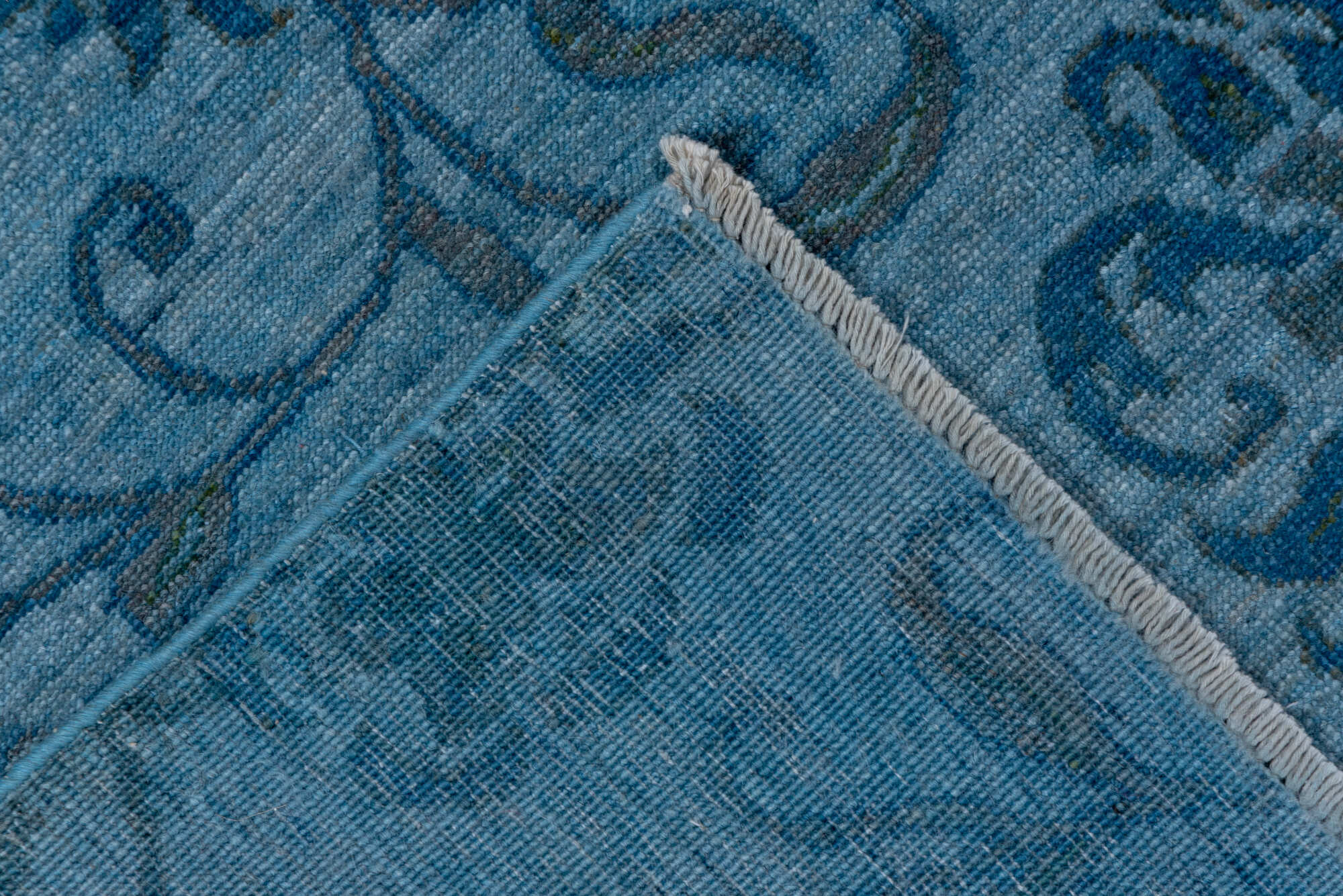 4' x 5' one-of-a-kind handmade vintage Overdyed small size rug. Color palette: arapawa, blue, fiord, gray, light gray