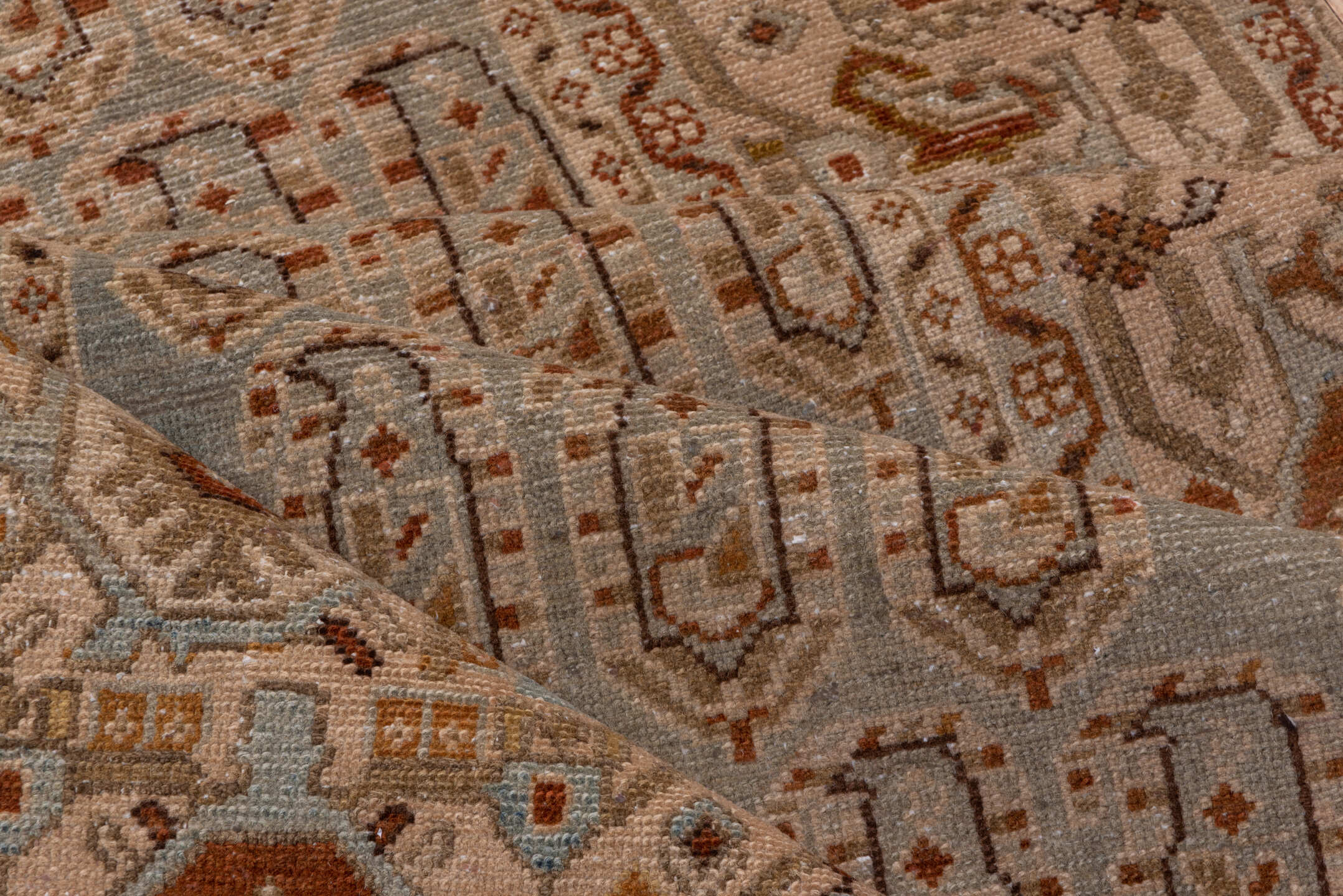 3' x 16' one-of-a-kind handmade vintage Malayer runner rug. Color palette: pink, gray, brown, off-white, white, snow