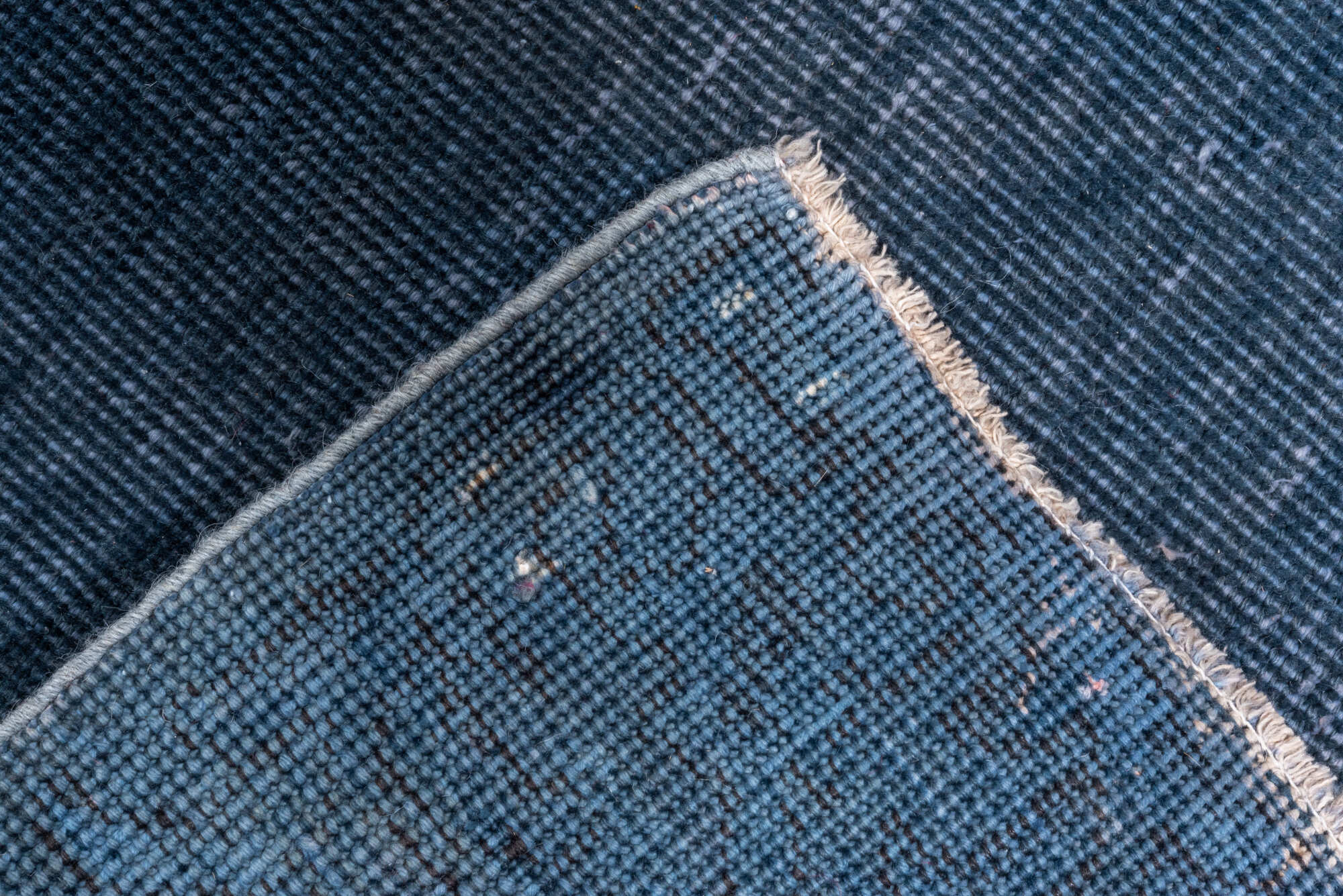 3' x 19' one-of-a-kind handmade vintage Overdyed runner rug. Color palette: blue, fiord, gray, light gray, off-white, silver