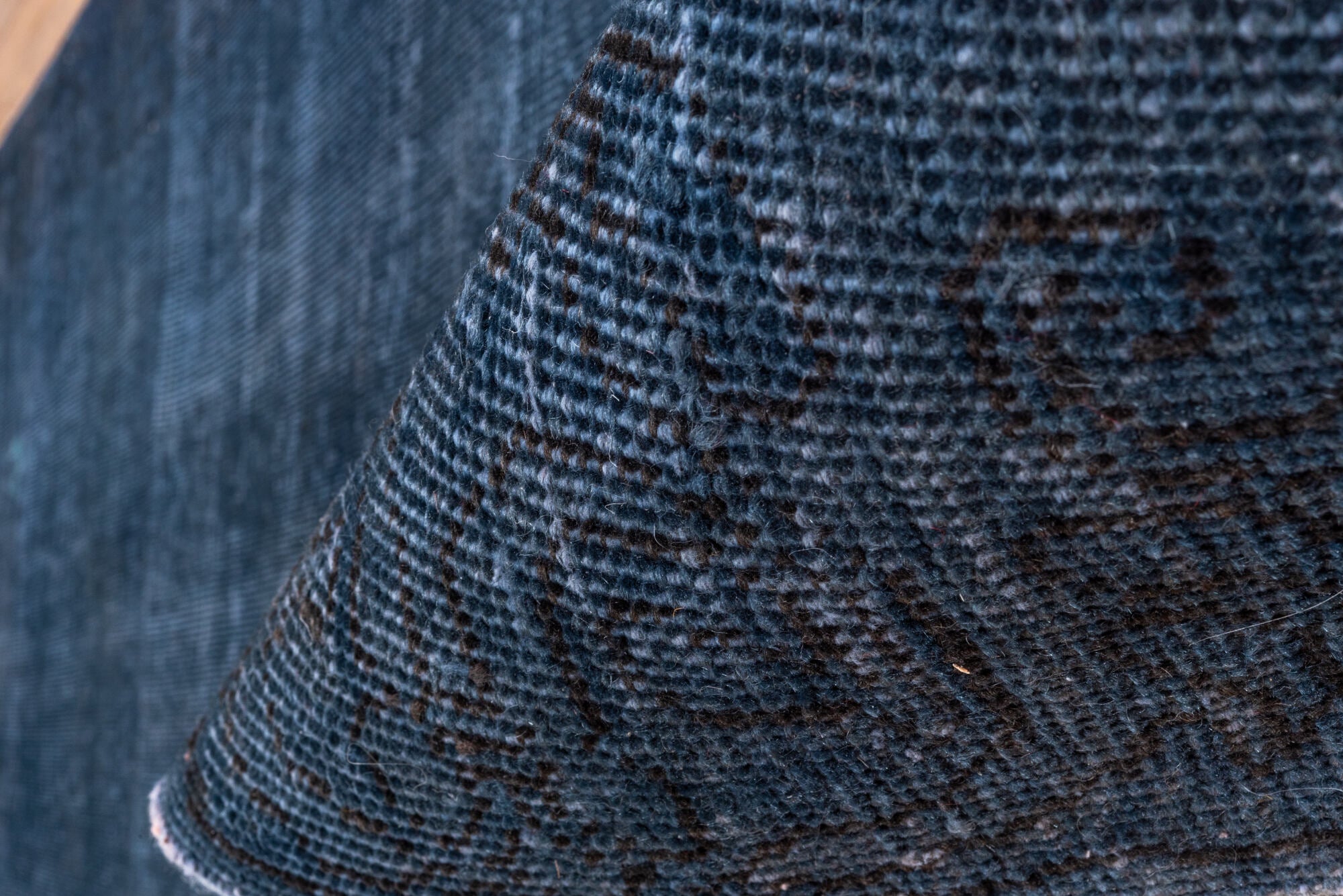 3' x 19' one-of-a-kind handmade vintage Overdyed runner rug. Color palette: blue, fiord, gray, light gray, off-white, silver