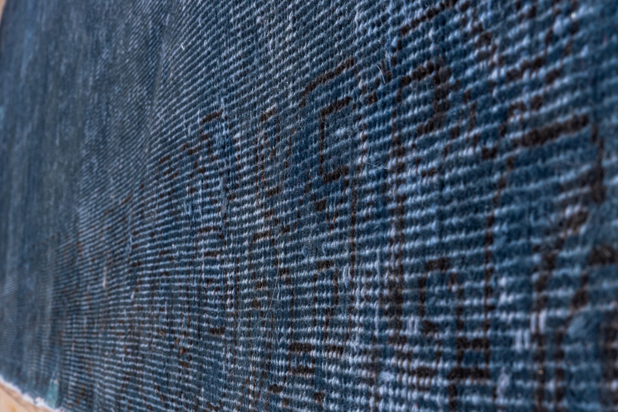 3' x 19' one-of-a-kind handmade vintage Overdyed runner rug. Color palette: blue, fiord, gray, light gray, off-white, silver