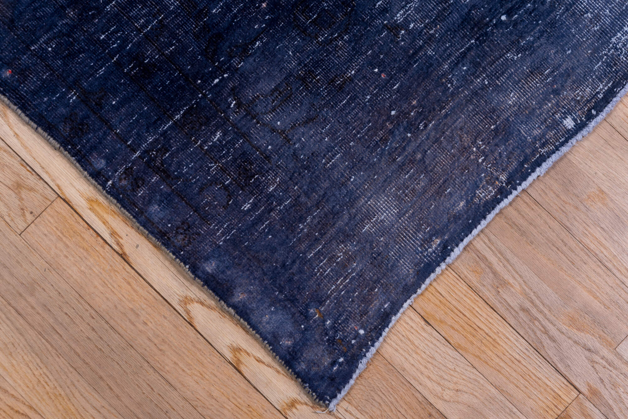 9' x 13' one-of-a-kind handmade vintage Overdyed large size rug. Color palette: blue, fiord, gray, light blue