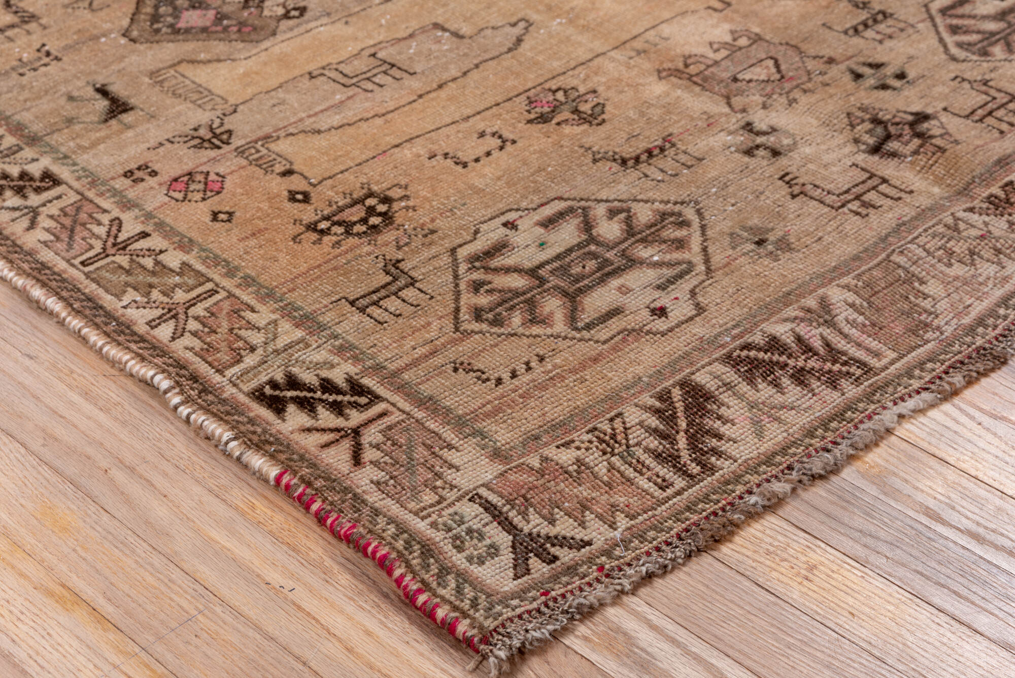 3' x 6' one-of-a-kind handmade vintage Gabbe small size rug. Color palette: brown, gray, light gray, orange, pink