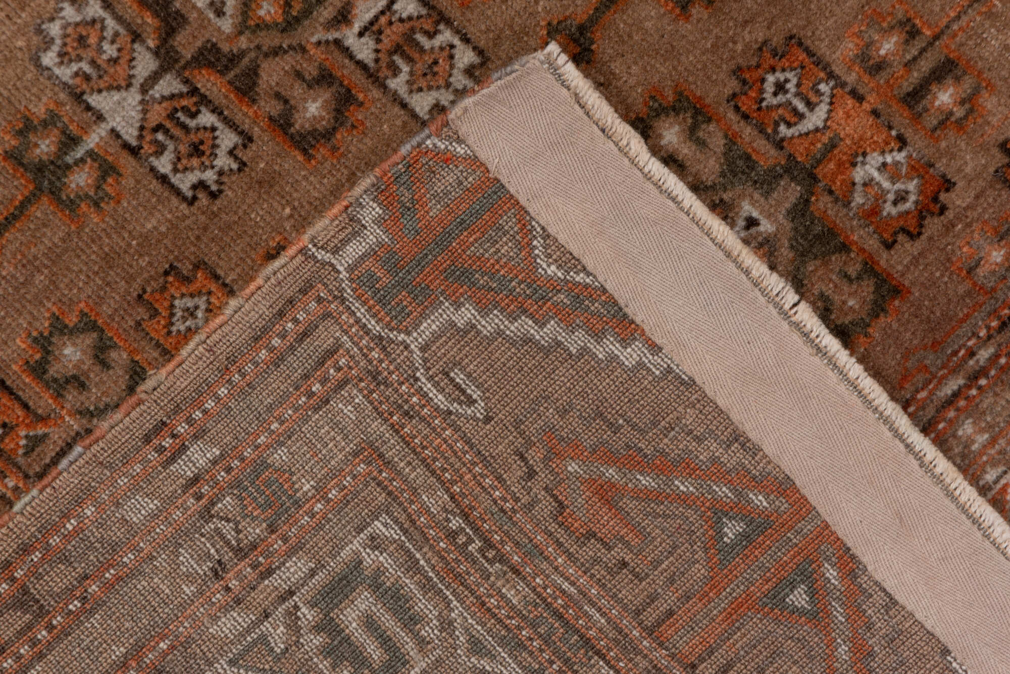 4' x 6' one-of-a-kind handmade vintage Torkaman small size rug. Color palette: brown, gray, light gray, pink