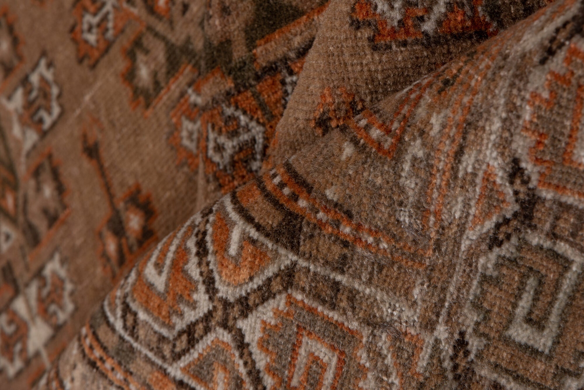 4' x 6' one-of-a-kind handmade vintage Torkaman small size rug. Color palette: brown, gray, light gray, pink