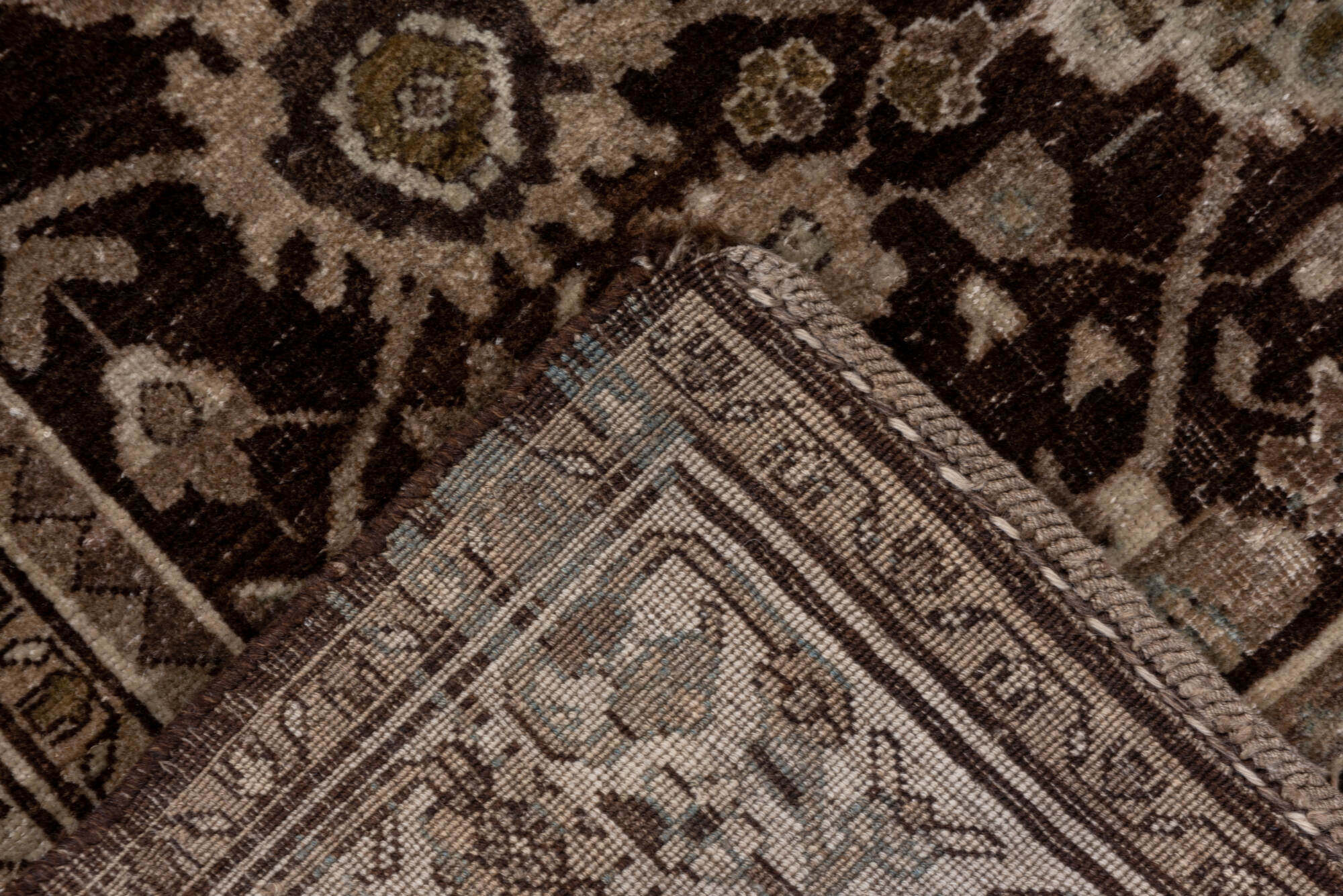 4' x 10' one-of-a-kind handmade vintage Bidjar runner rug. Color palette: brown, gray, light gray, off-white, pink, silver