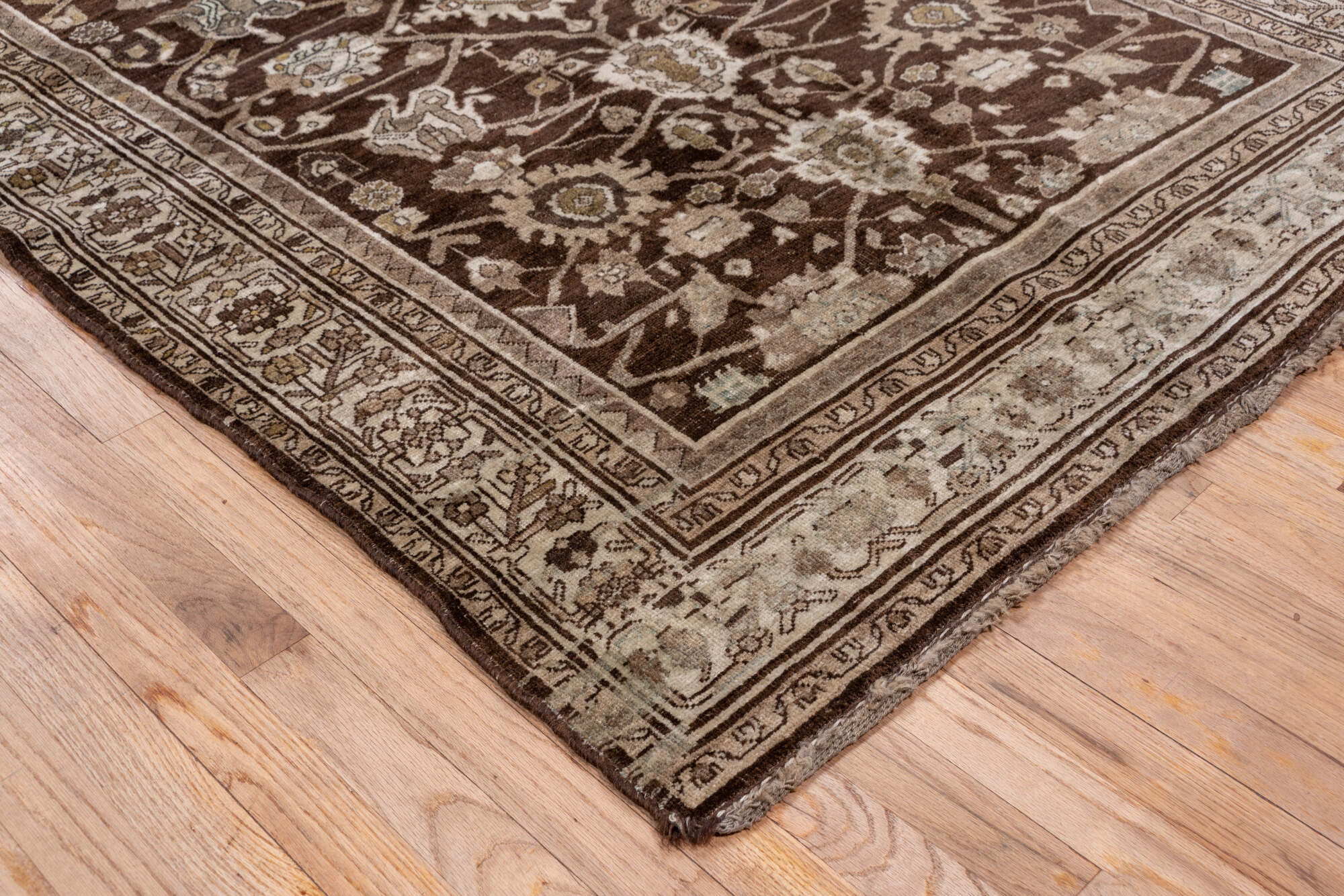 4' x 10' one-of-a-kind handmade vintage Bidjar runner rug. Color palette: brown, gray, light gray, off-white, pink, silver