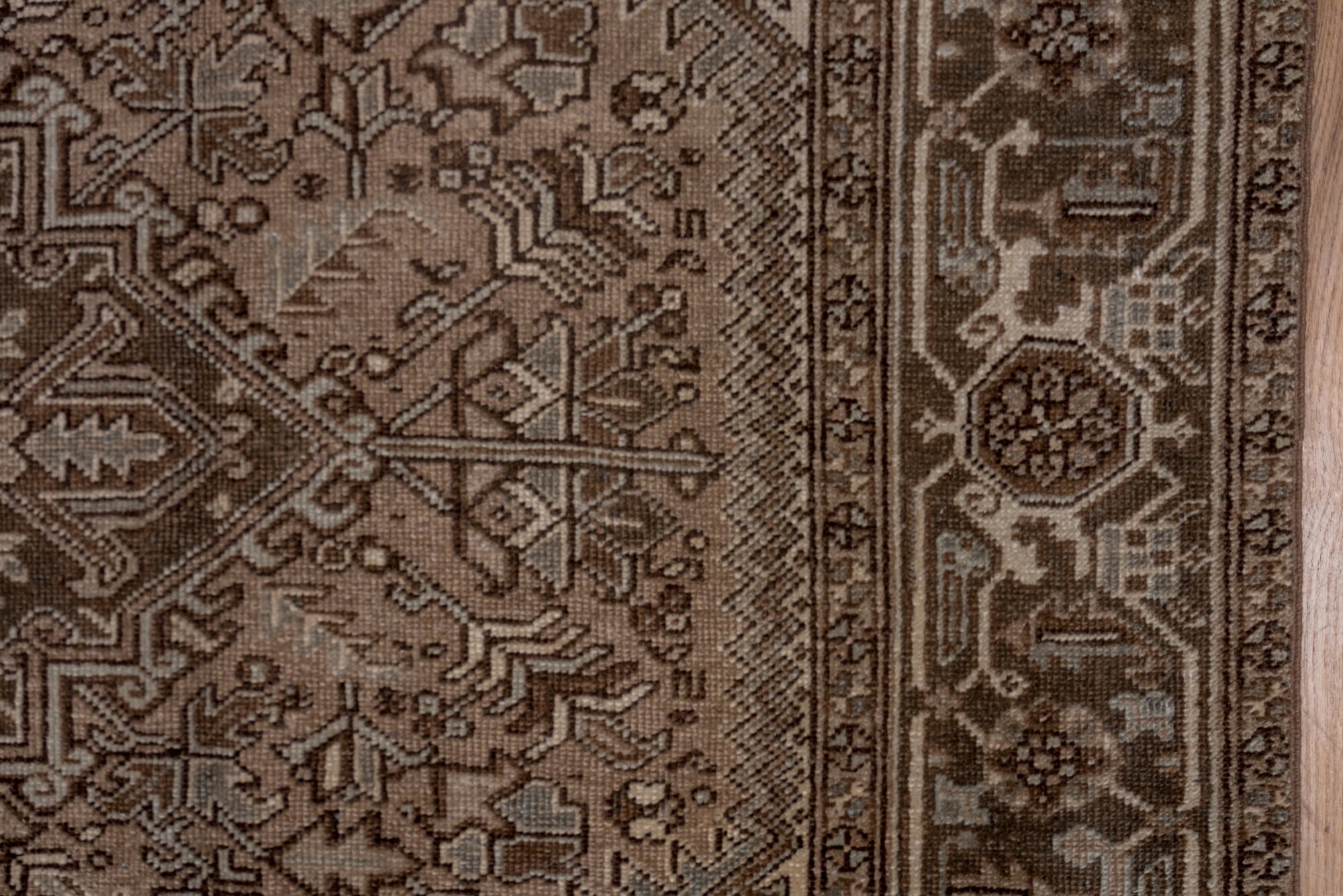 7' x 9' one-of-a-kind handmade vintage Heriz rug. Color palette: brown, gray, off-white, pink, snow, white, whitesmoke