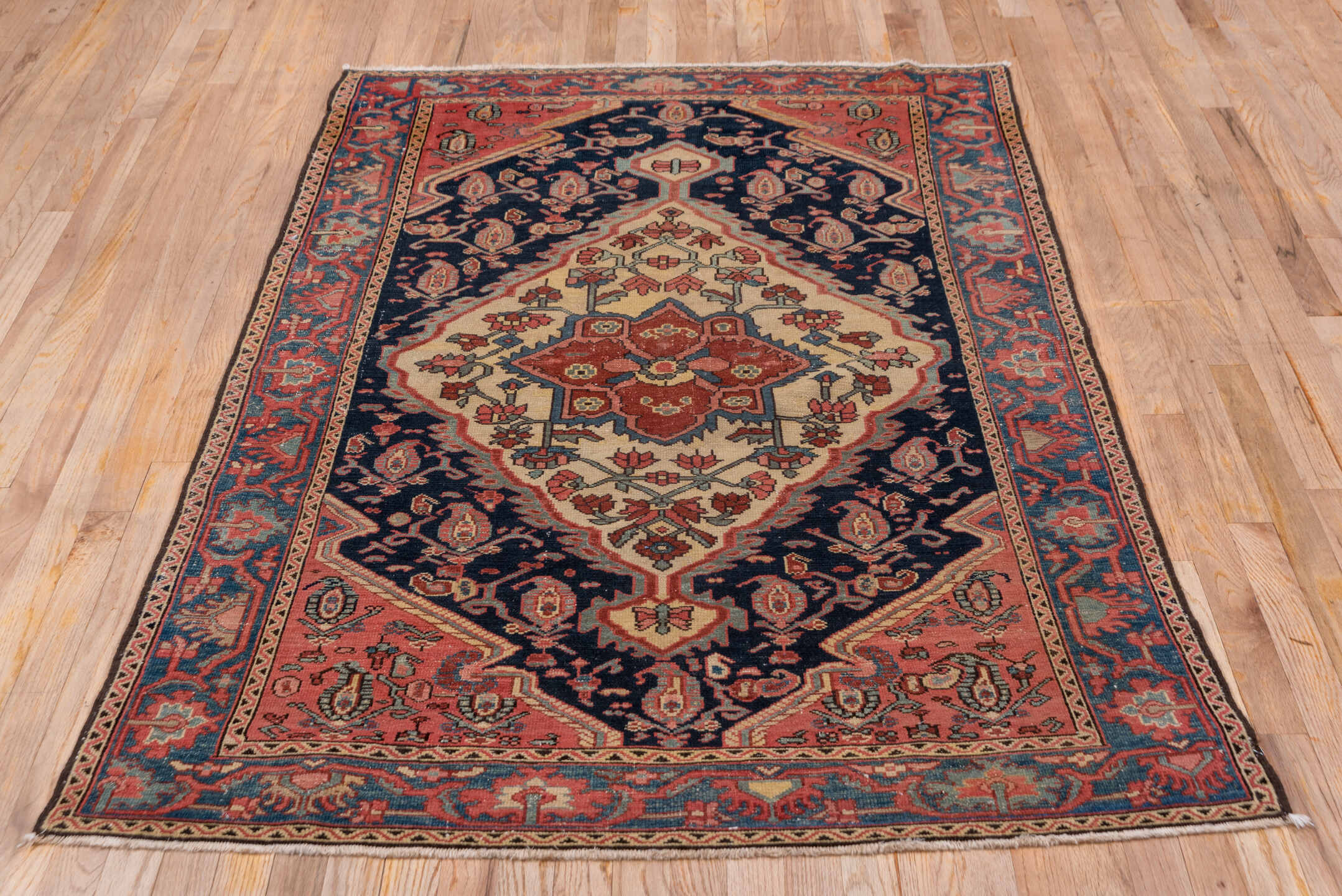 4' x 6' one-of-a-kind handmade vintage Malayer small size rug. Color palette: gray, red, brown, blue, off-white, pink