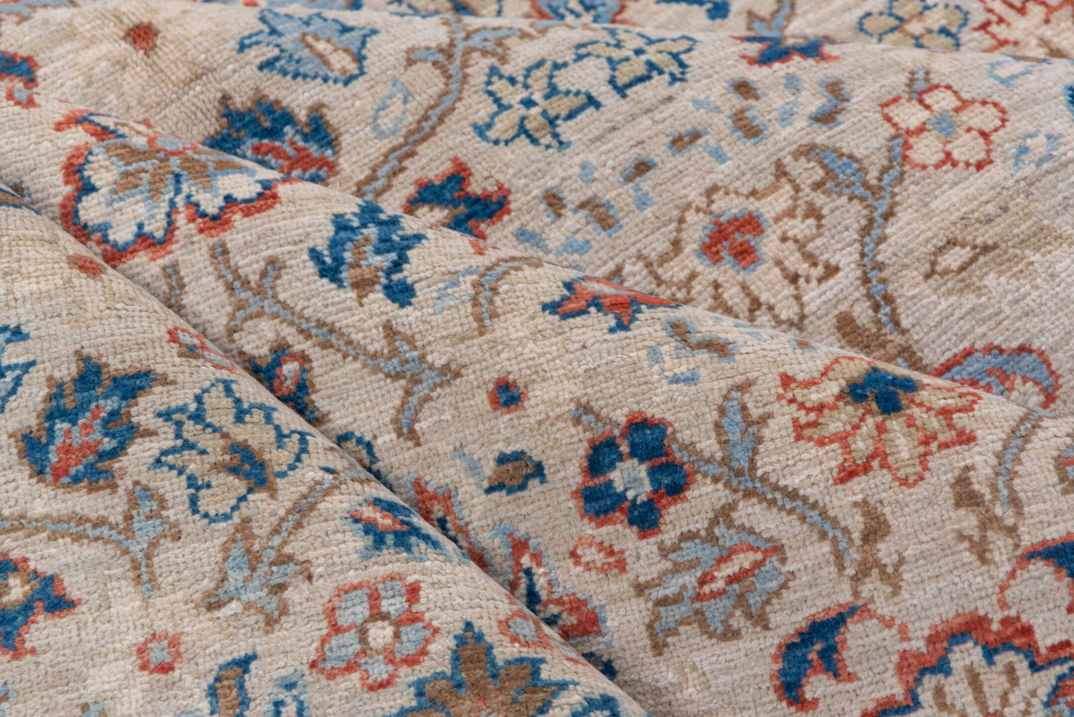 8' x 10' one-of-a-kind handmade vintage Afghan large size rug. Color palette: gray, pink, blue, light gray, off-white