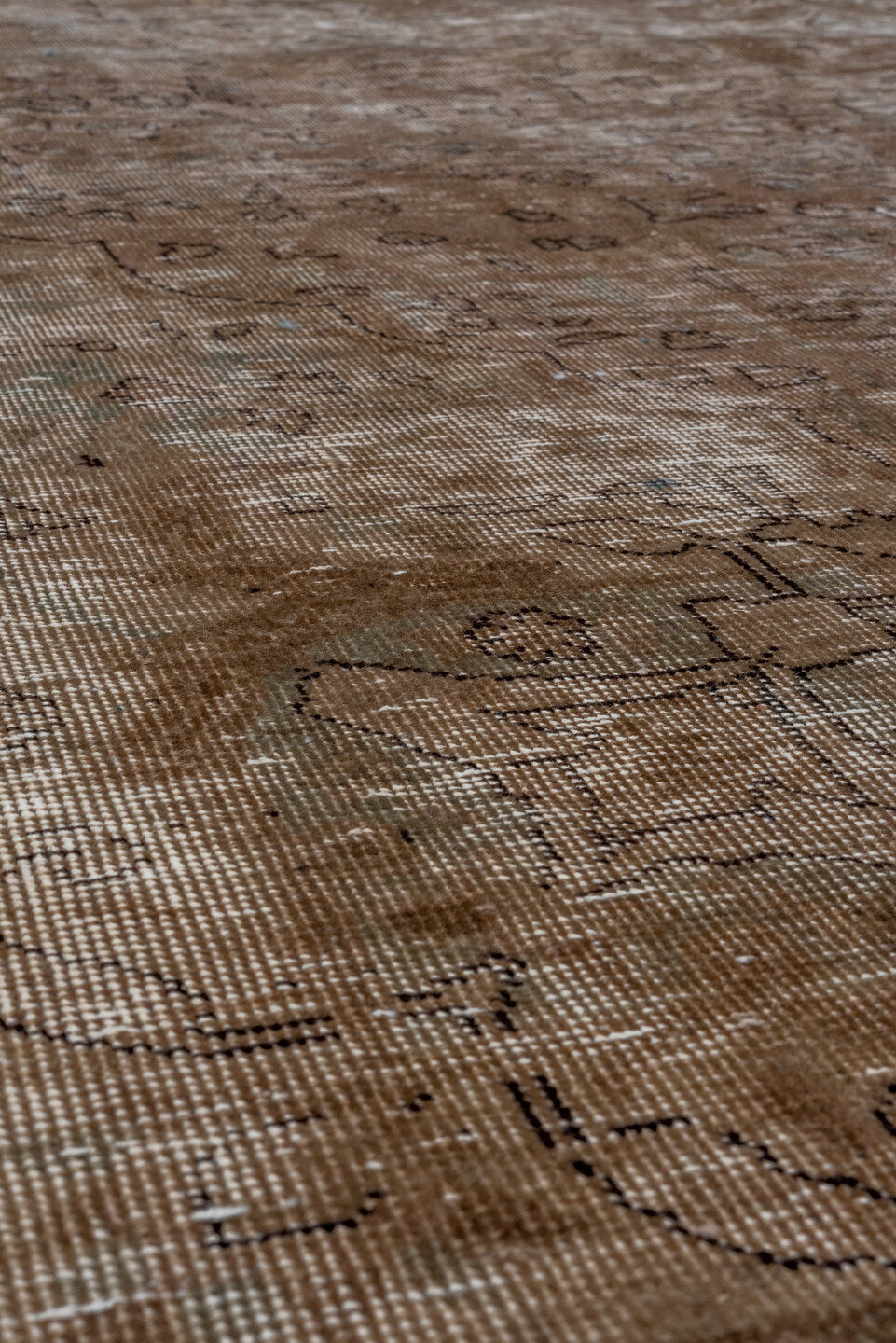6' x 9' one-of-a-kind handmade vintage Distressed medium size rug. Color palette: pink, brown, gray, light gray, off-white