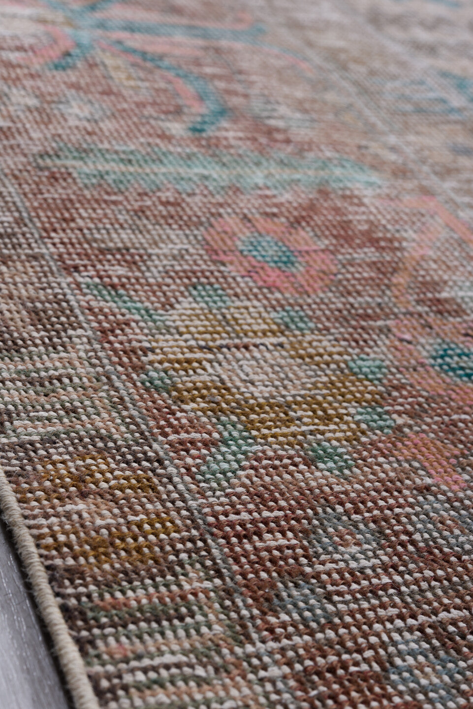 10' x 14' one-of-a-kind handmade vintage Distressed large size rug. Color palette: gray, brown, blue, pink, black