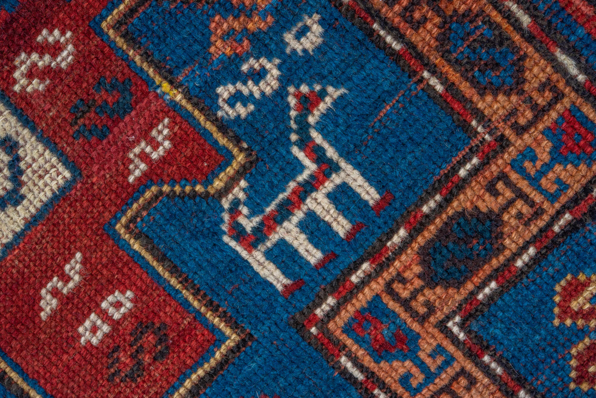 3' x 6' one-of-a-kind handmade vintage Kazak runner rug. Color palette: arapawa, blue, brown, gray, light gray, pink, red