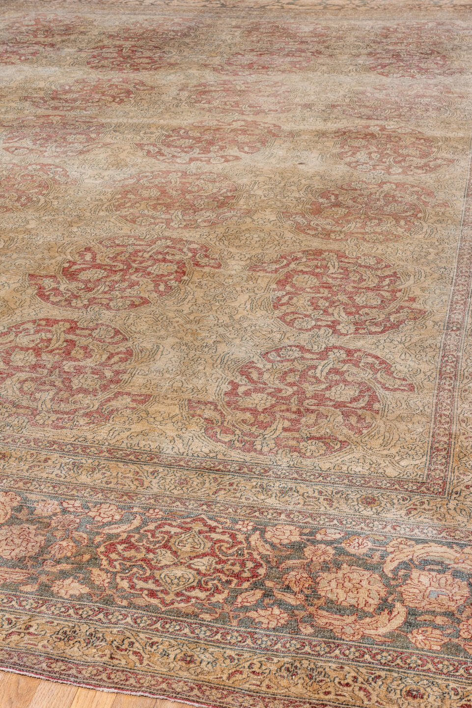 11' x 15' one-of-a-kind handmade vintage Isfahan oversize rug. Color palette: gray, brown, off-white, pink, orange, red