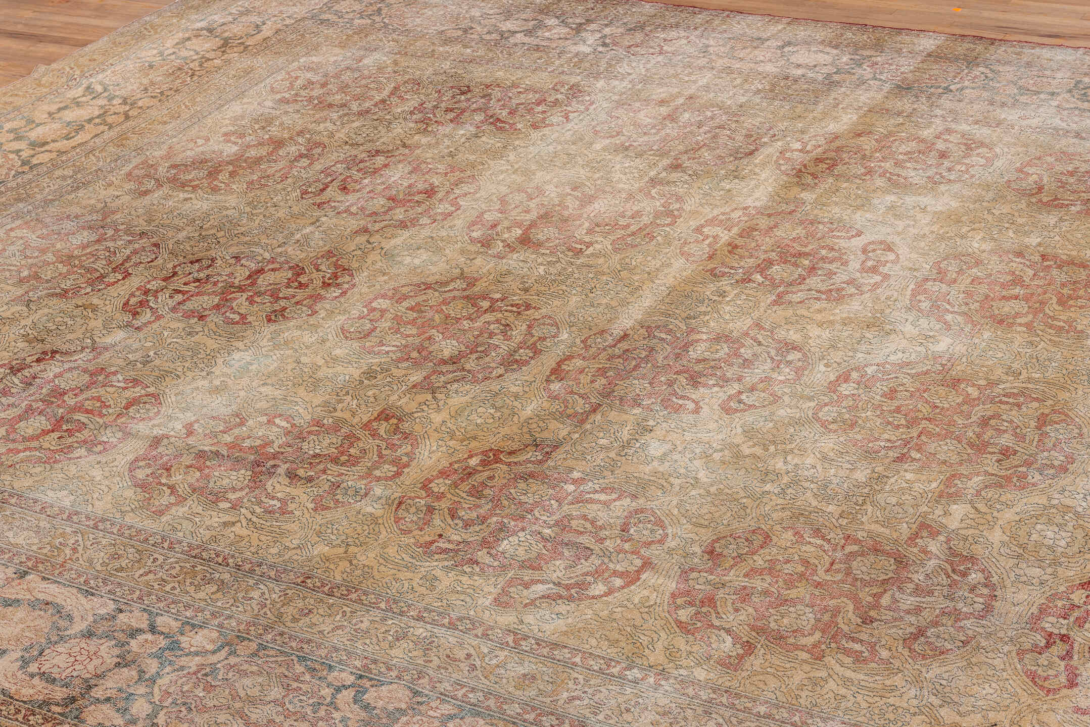 11' x 15' one-of-a-kind handmade vintage Isfahan oversize rug. Color palette: gray, brown, off-white, pink, orange, red
