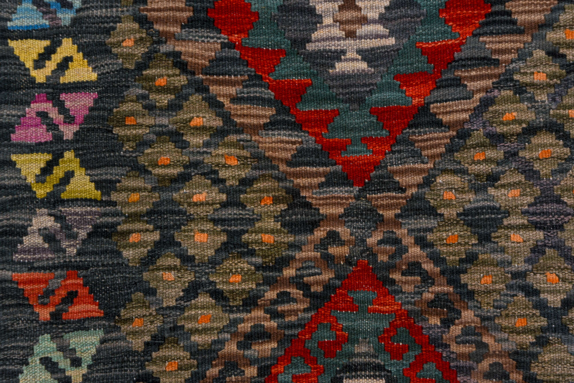 2' x 9' one-of-a-kind handmade vintage Kilim runner rug. Color palette: black, blue, brown, gray, pink, red