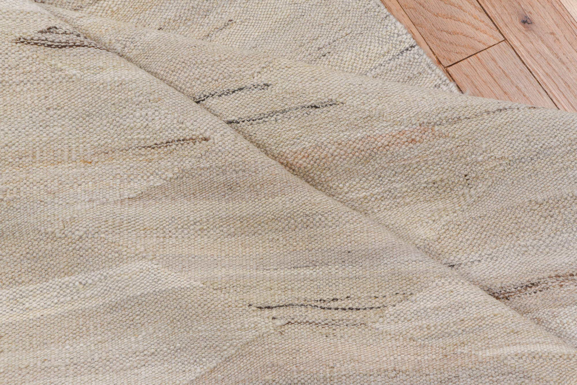 2' x 10' one-of-a-kind handmade vintage Kilim runner rug. Color palette: gray, light gray, off-white, pink, silver, snow